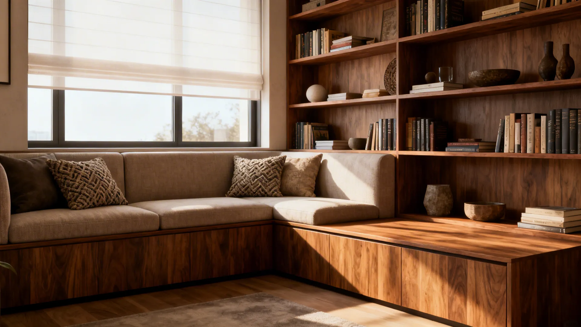Cozy corner with an L-shaped sofa beside built-in shelving and a low credenza.