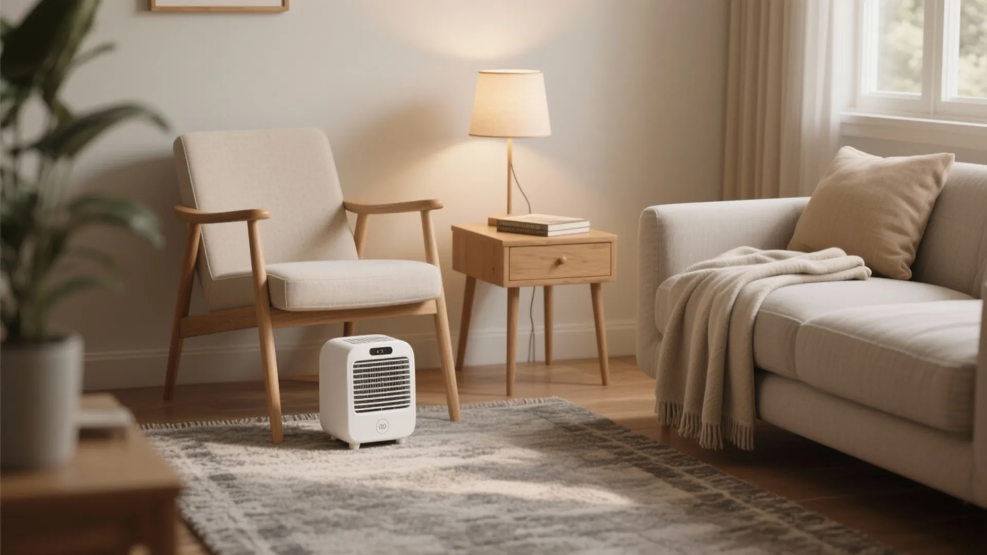 Small white heater on grey rug in cozy living room with armchair wooden table and lamp