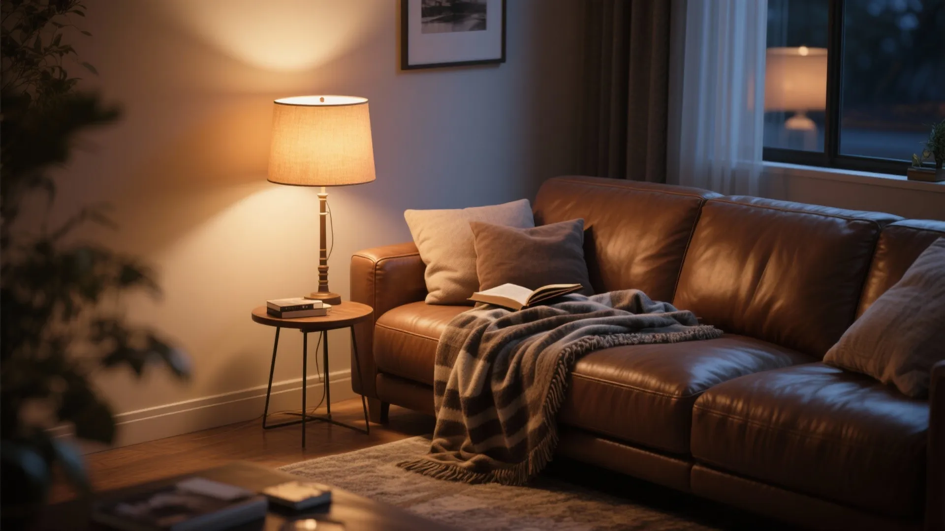 Close up of leather sofa with blanket book table lamp and small round wooden table