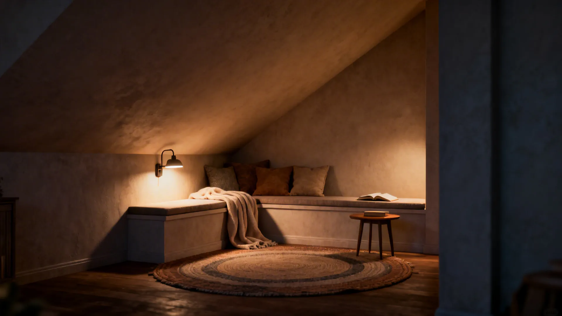 Cozy reading corner under sloped ceiling with bench seating wall light pillows and round rug