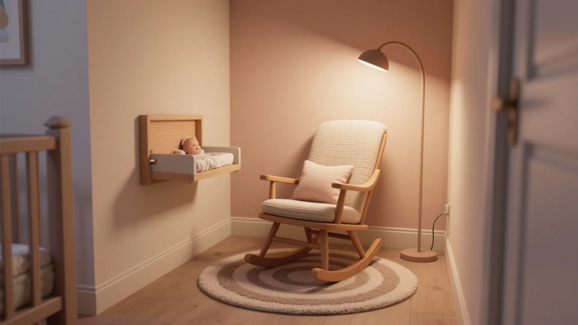 Wooden rocking chair on round rug with floor lamp and wall bed in nursery corner