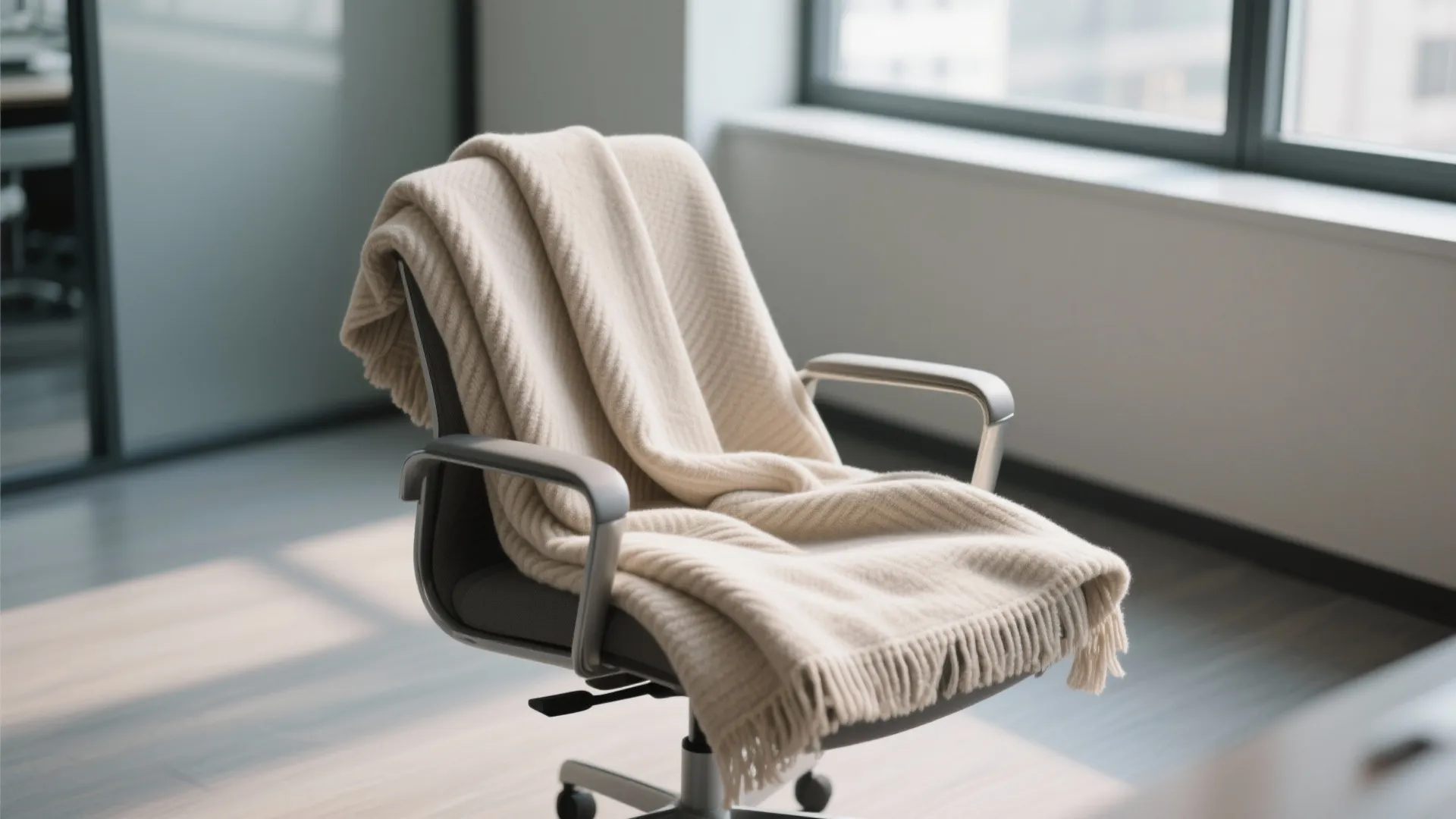 Beige warm blanket draped over a grey office chair near a window with natural light