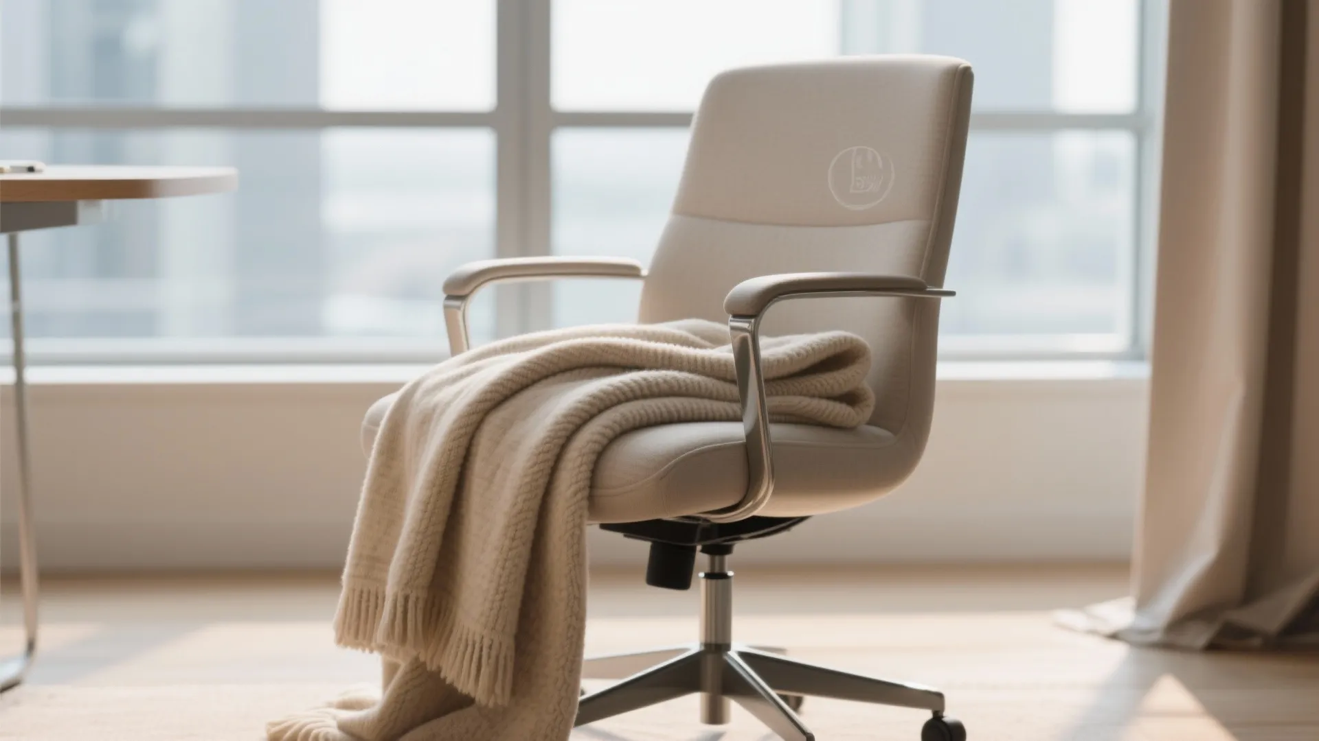 Modern cream office chair with a cozy beige knitted blanket draped over the seat armrest