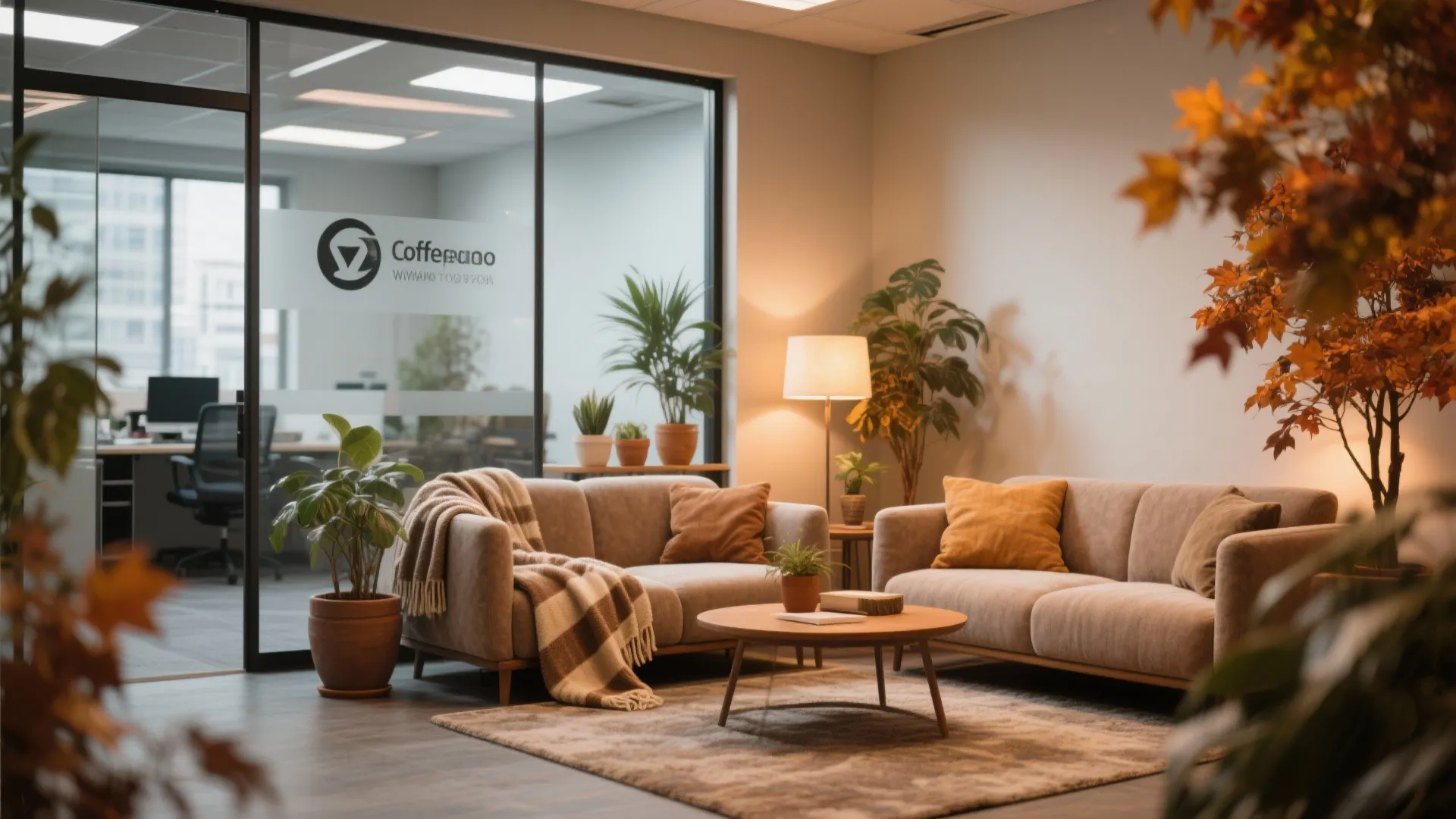 Modern office lobby with two beige sofas, round coffee table, potted plants, and warm lighting