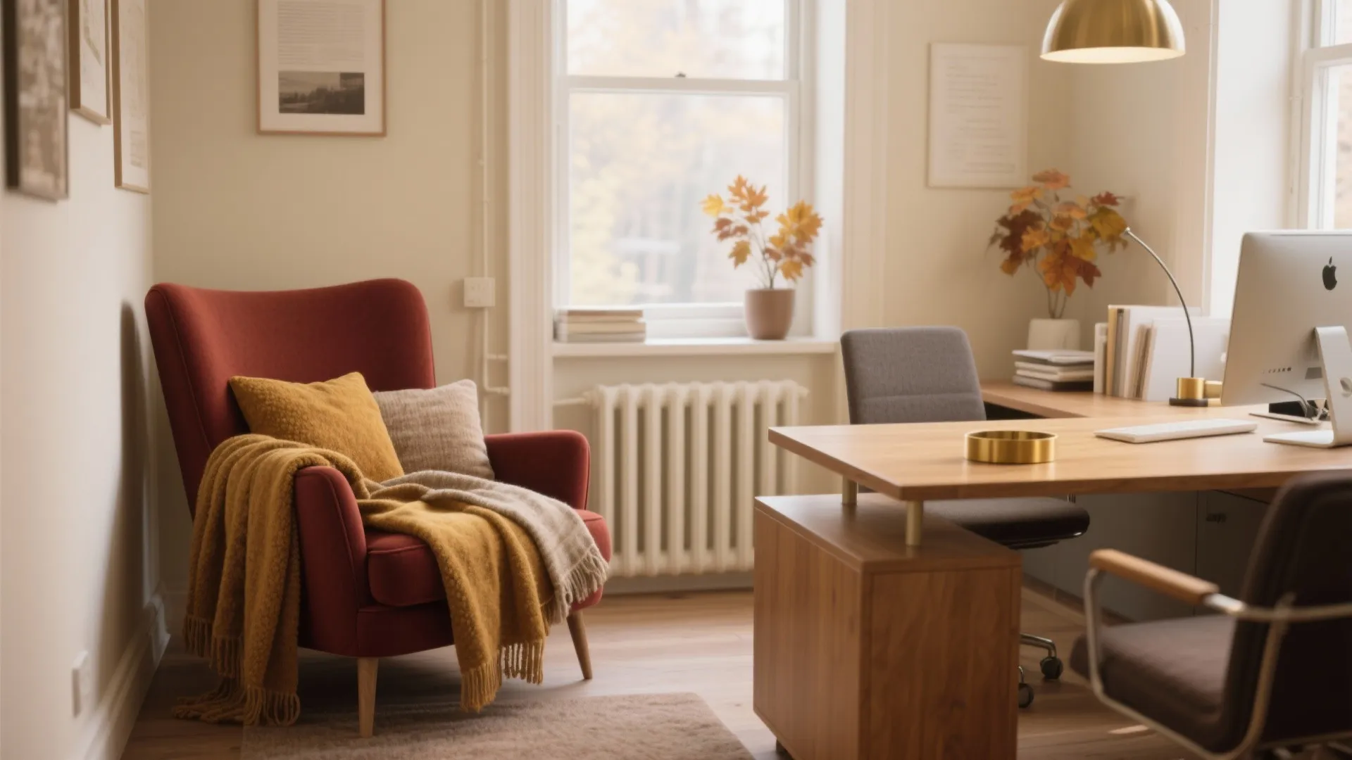 Cozy home office room with red armchair yellow blanket wooden desk computer and autumn decor