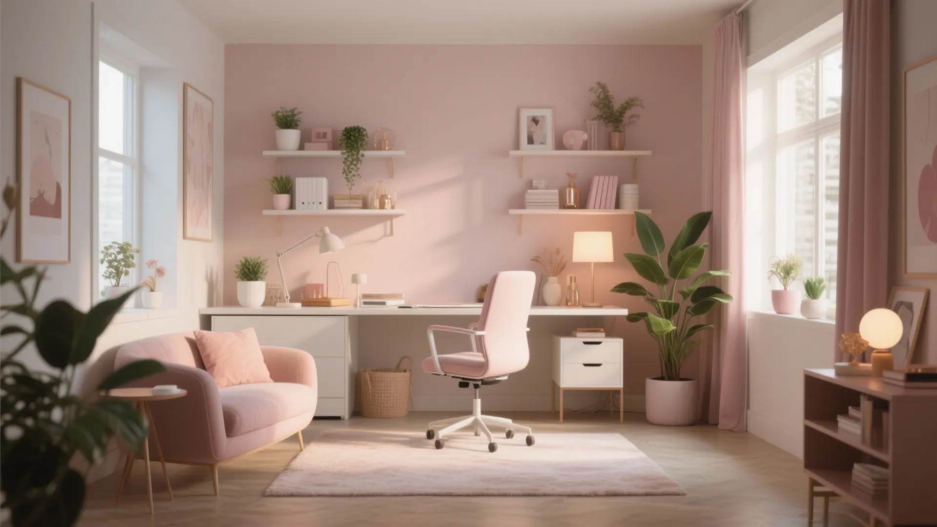 Cozy pink home office featuring white desk pink sofa wall shelves and large green plant