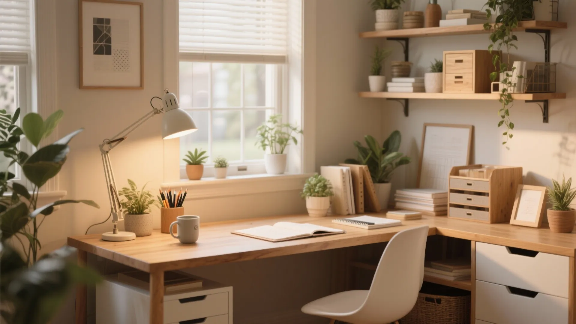 Cozy home office with wooden desk white chair desk lamp wall shelves plants and light