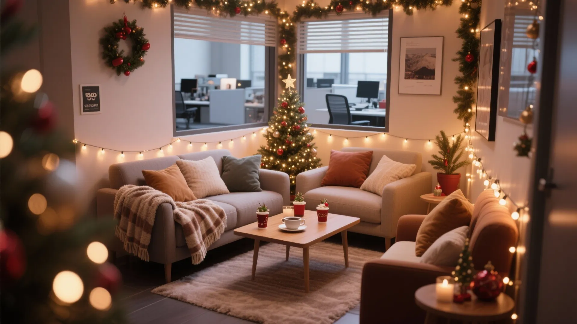 Cozy office lounge area with grey sofas coffee table Christmas tree and warm wall lights