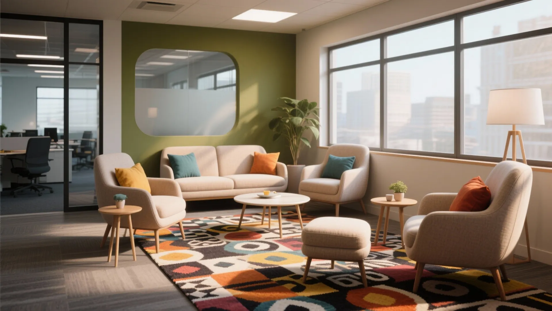 Cozy office lounge nook with chairs and patterned rug