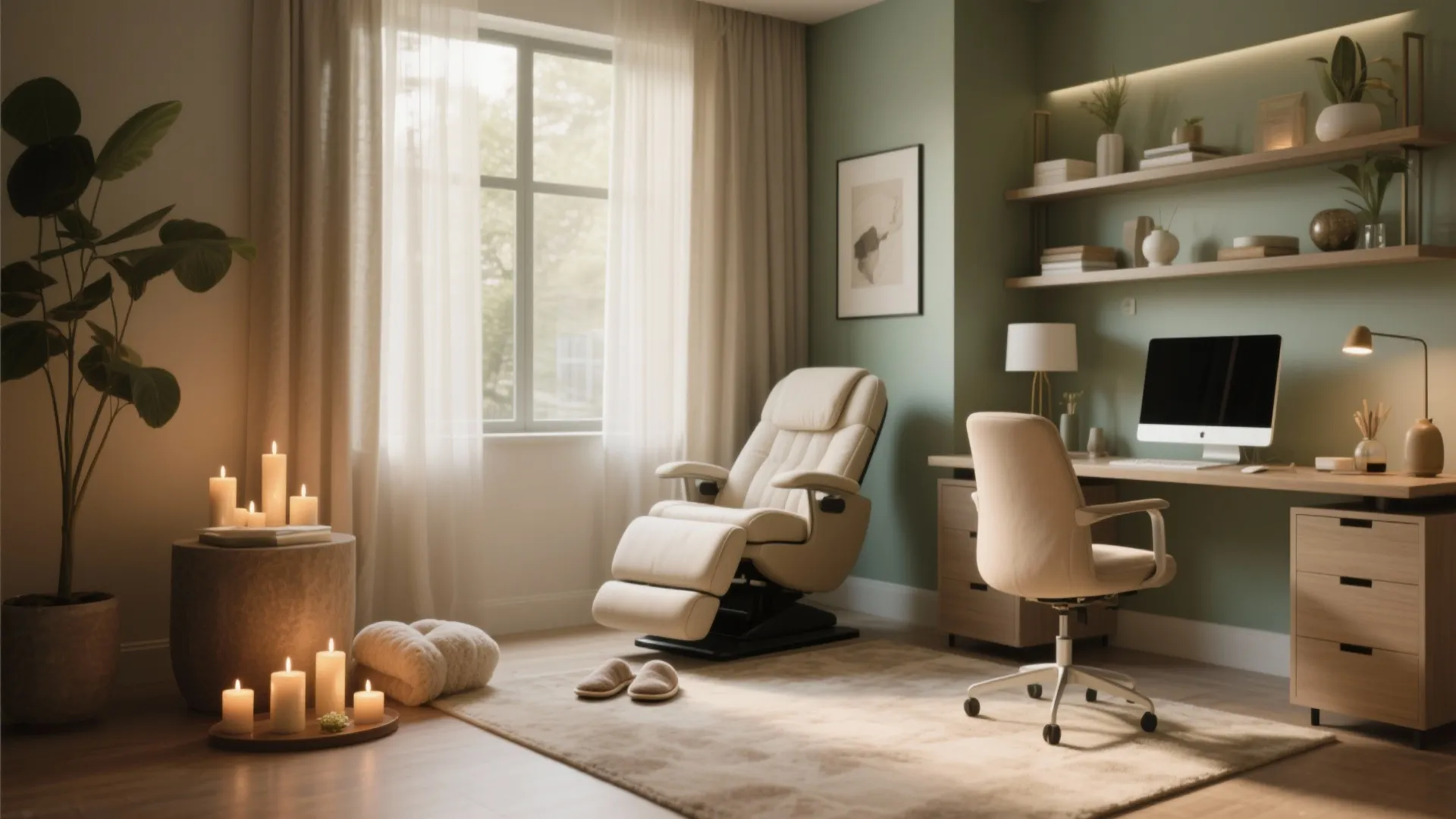 Home office with green walls, cream massage chair, wooden desk, candles, and light green shelving