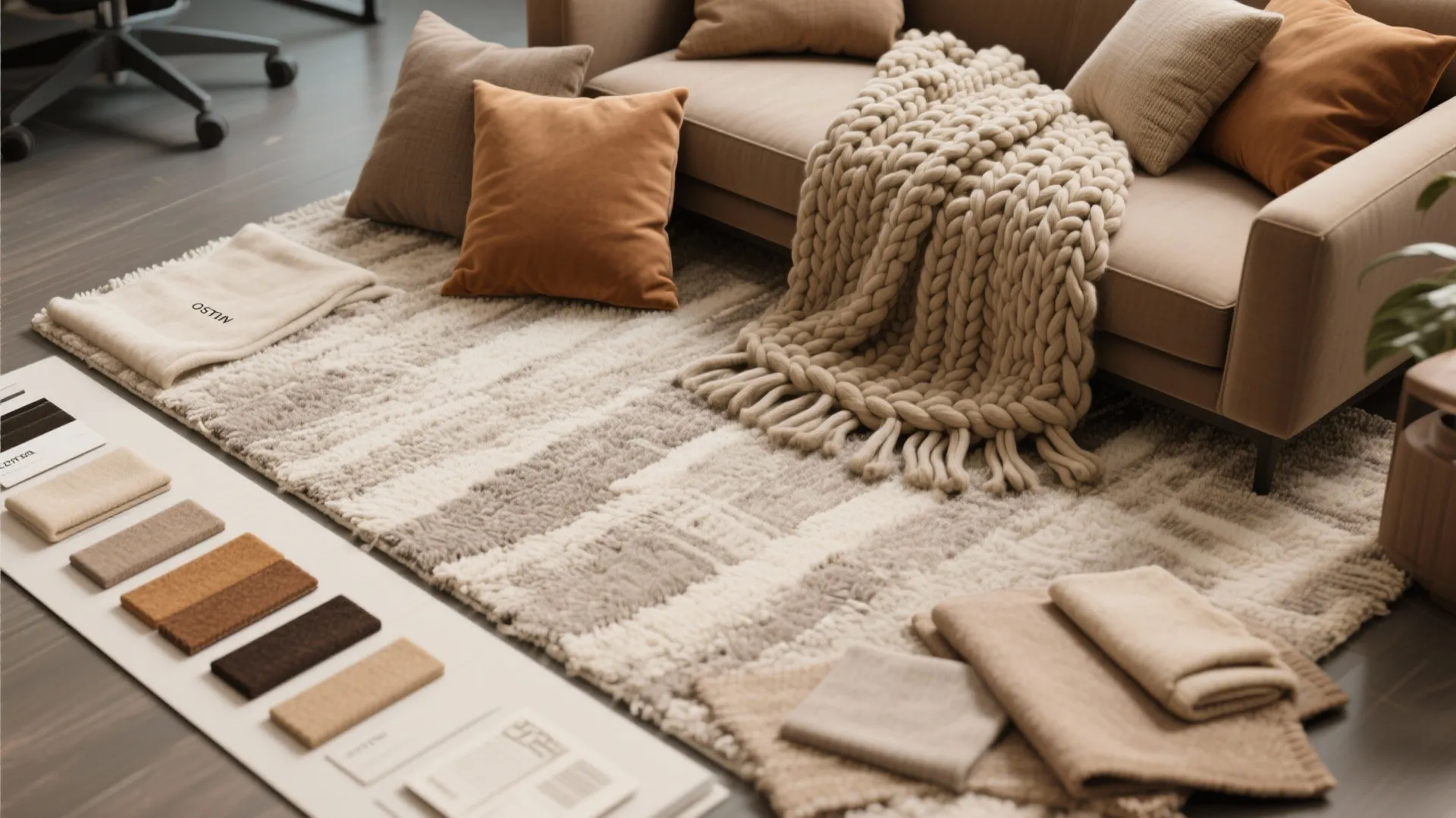 Cozy home office interior with beige sofa chunky knit blanket colorful pillows and fabric samples layout