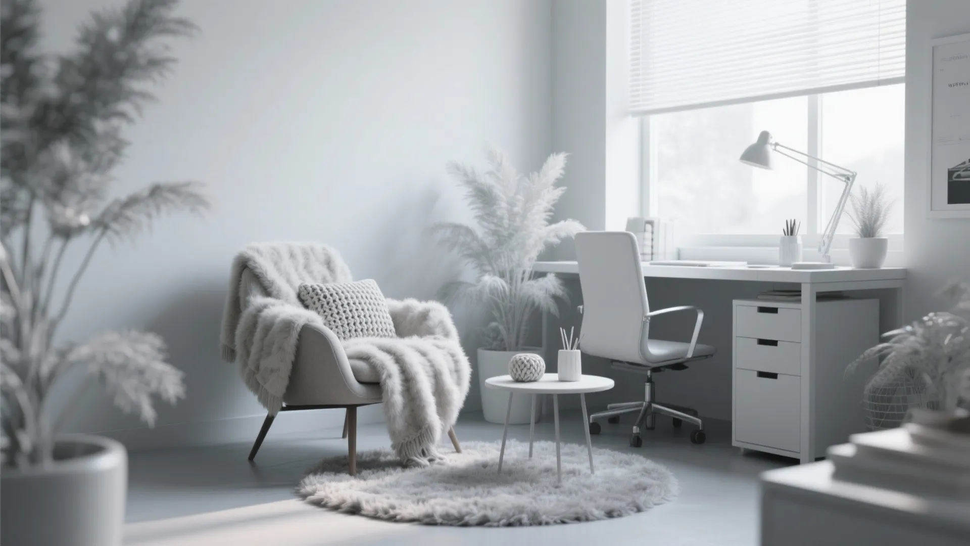 Minimalist home office with fuzzy armchair round rug white desk table lamp and potted plant