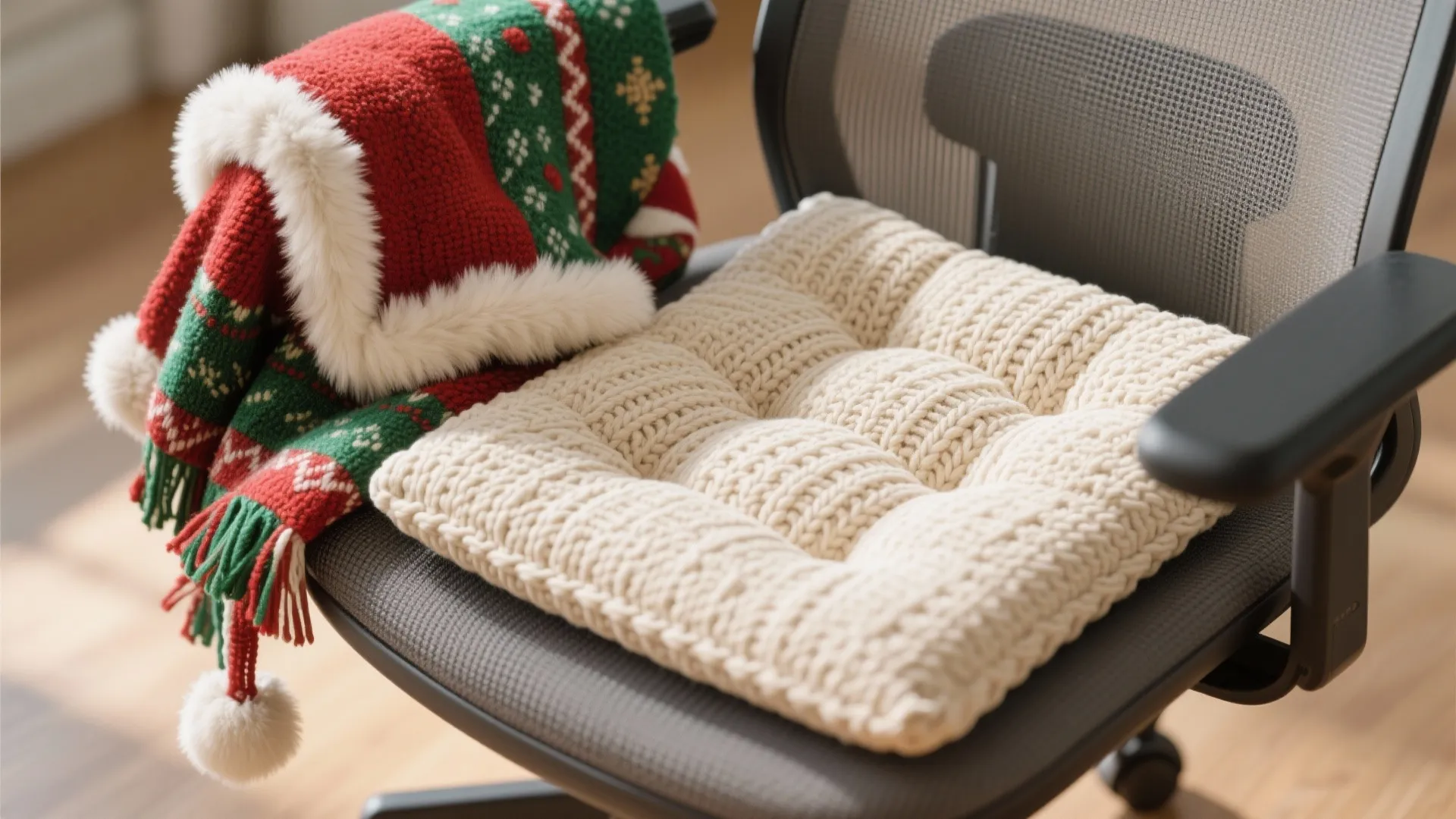 Grey office chair with a white knitted seat cushion and a red green patterned blanket