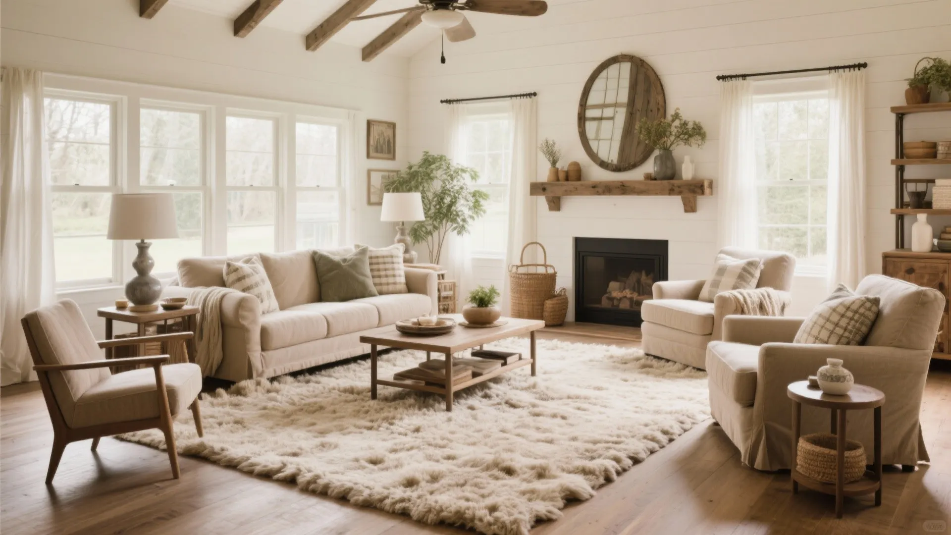 Cozy living room featuring a large shaggy white rug with wooden coffee table and sofa