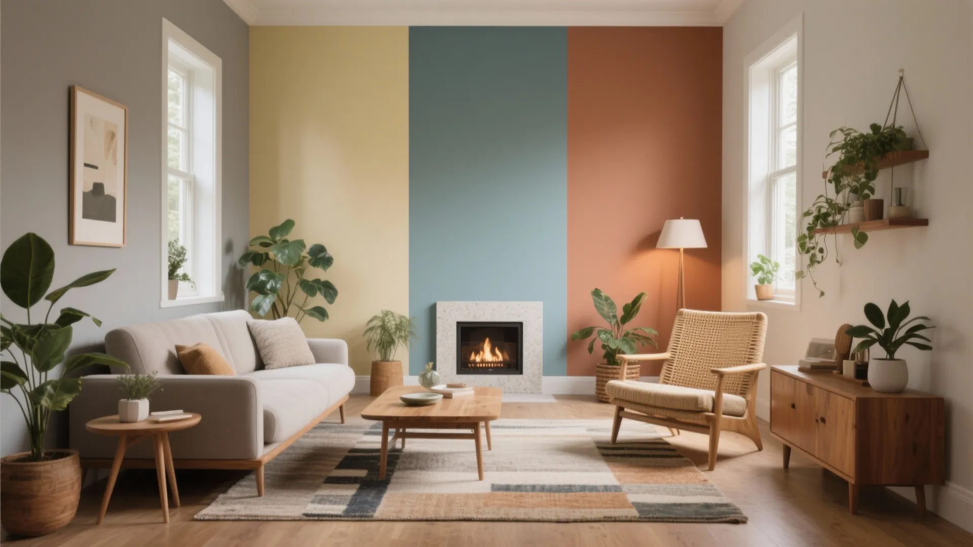 Living room featuring a multi-colored accent wall, small white fireplace, comfortable sofa, and wooden cabinet