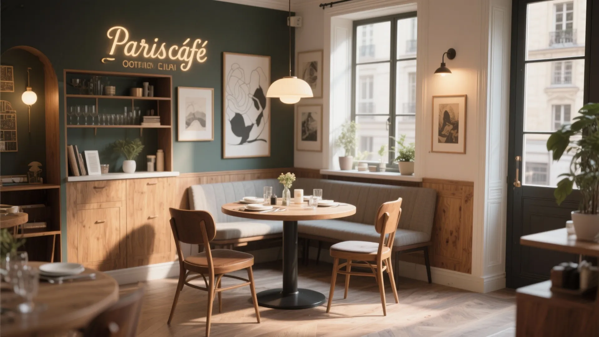 Dining area with green wall wooden bench seating round table chairs wall light and cafe sign