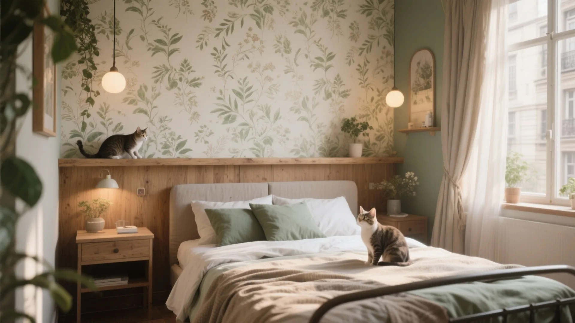 Cozy bedroom with floral wall paper wood wall panel two cats and bright window light