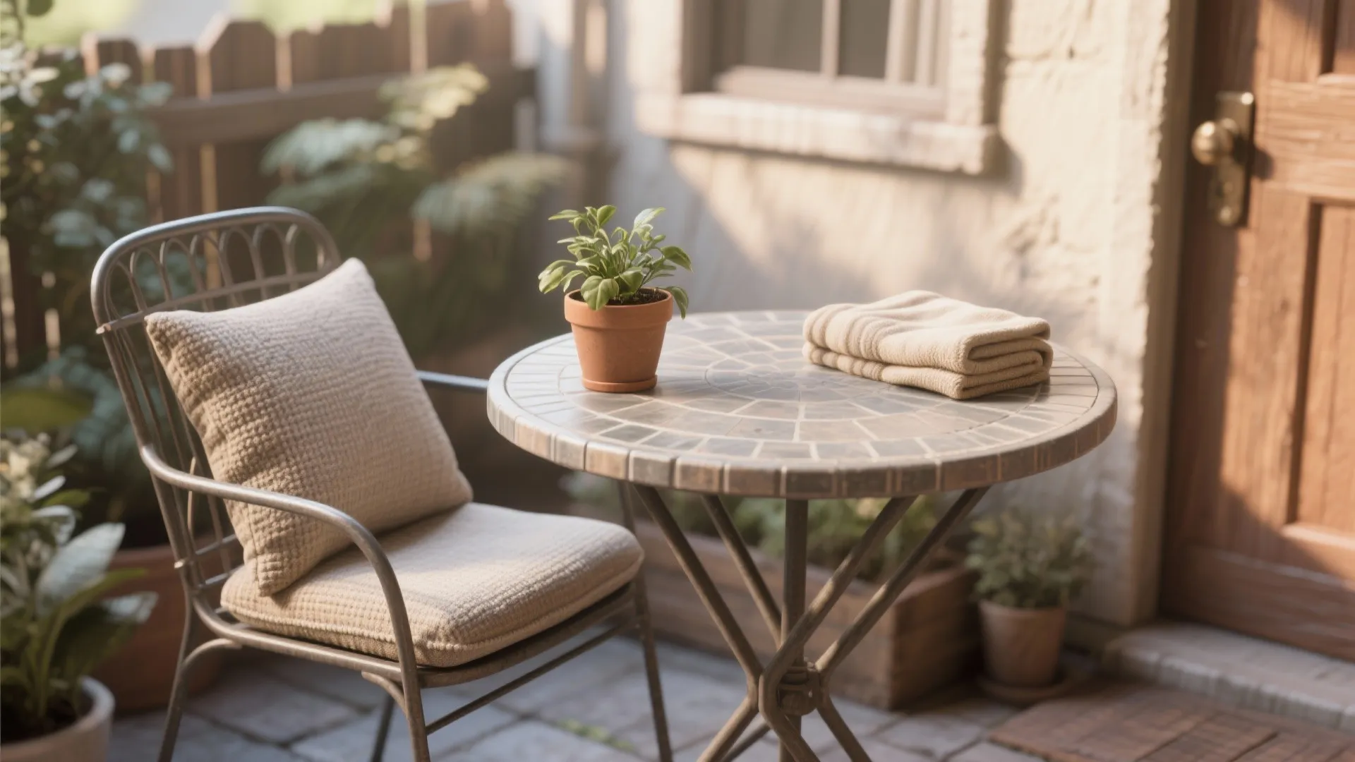 Small round patio table with a plant pot and folded towels next to metal chair