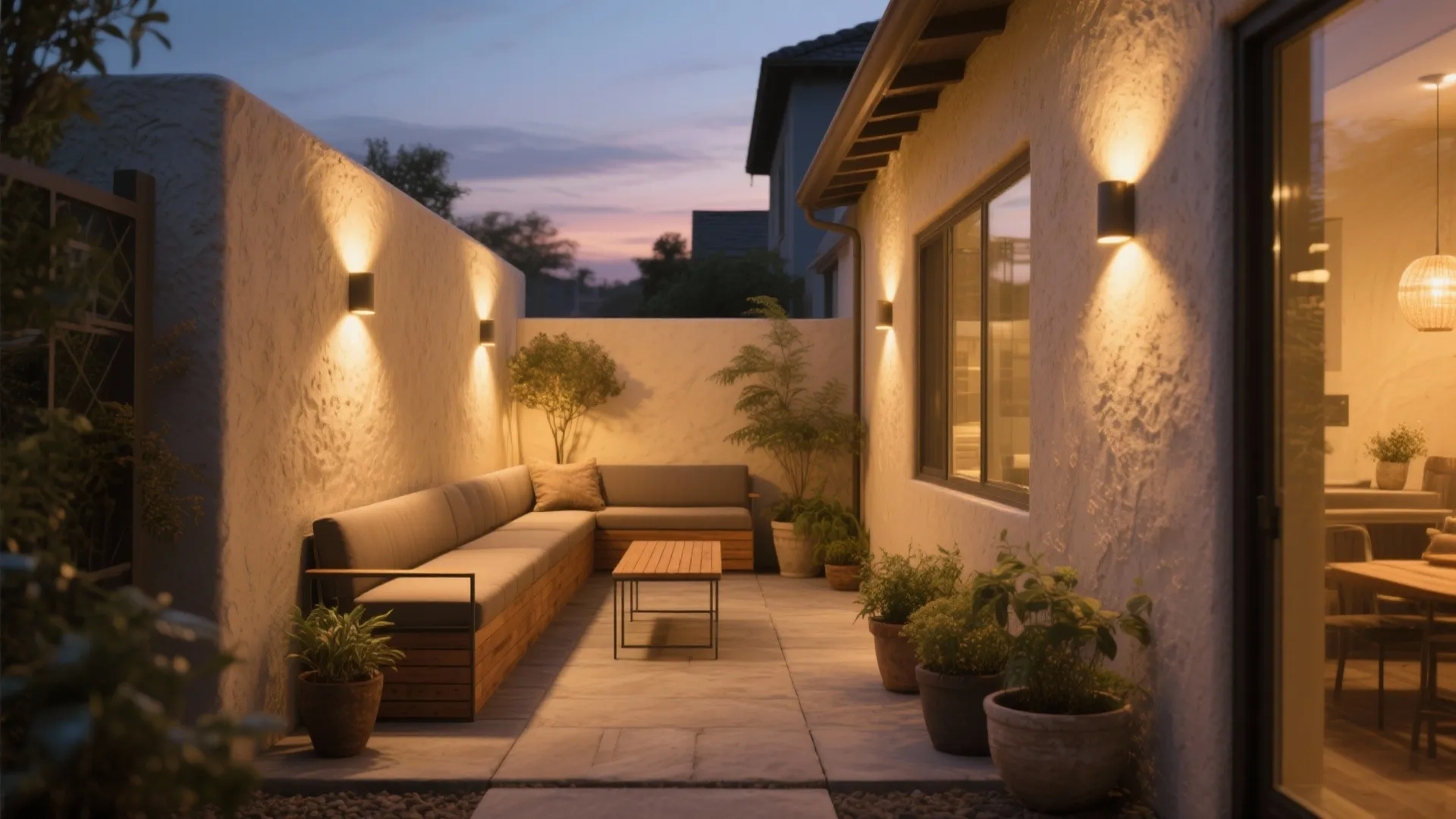 Cozy backyard patio with wall lights above a grey sofa and wooden coffee table setting