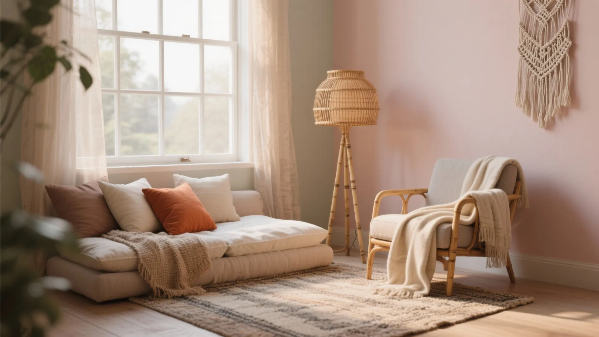 Cozy living room corner with pink wall, floor sofa, wood floor light, armchair, and rug