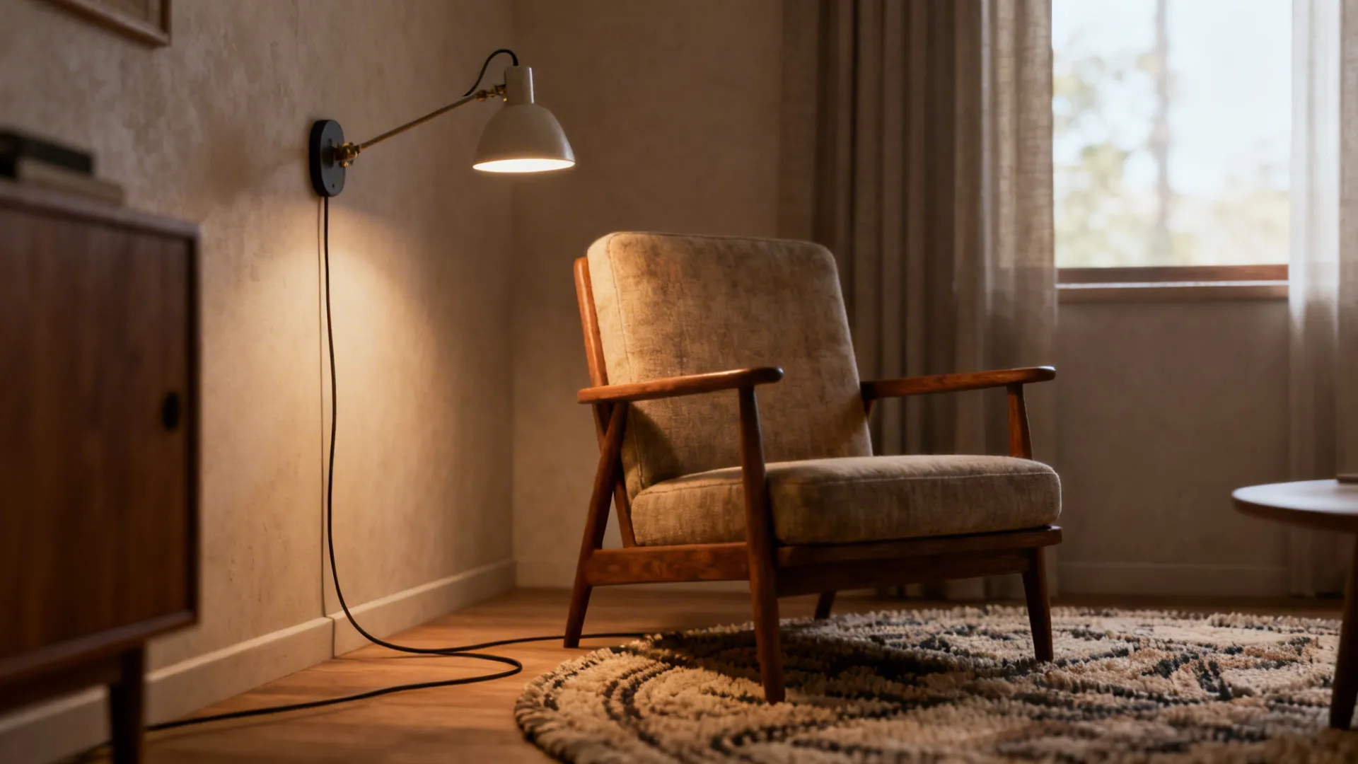 Wooden armchair patterned rug in cozy room with wall light and window with white curtains