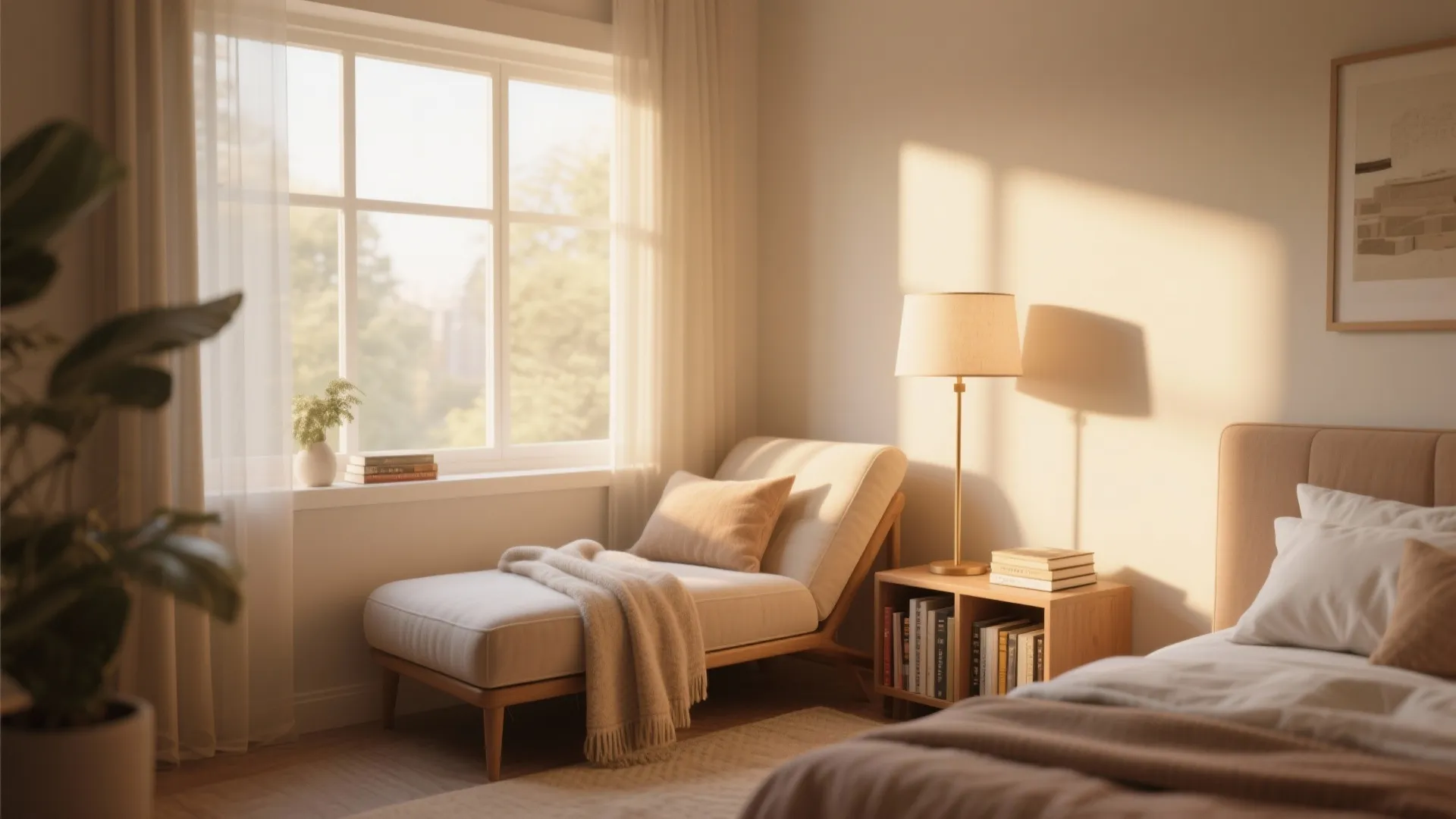 Cozy bedroom reading corner with beige sofa small bookshelf lamp and sunlight from large window