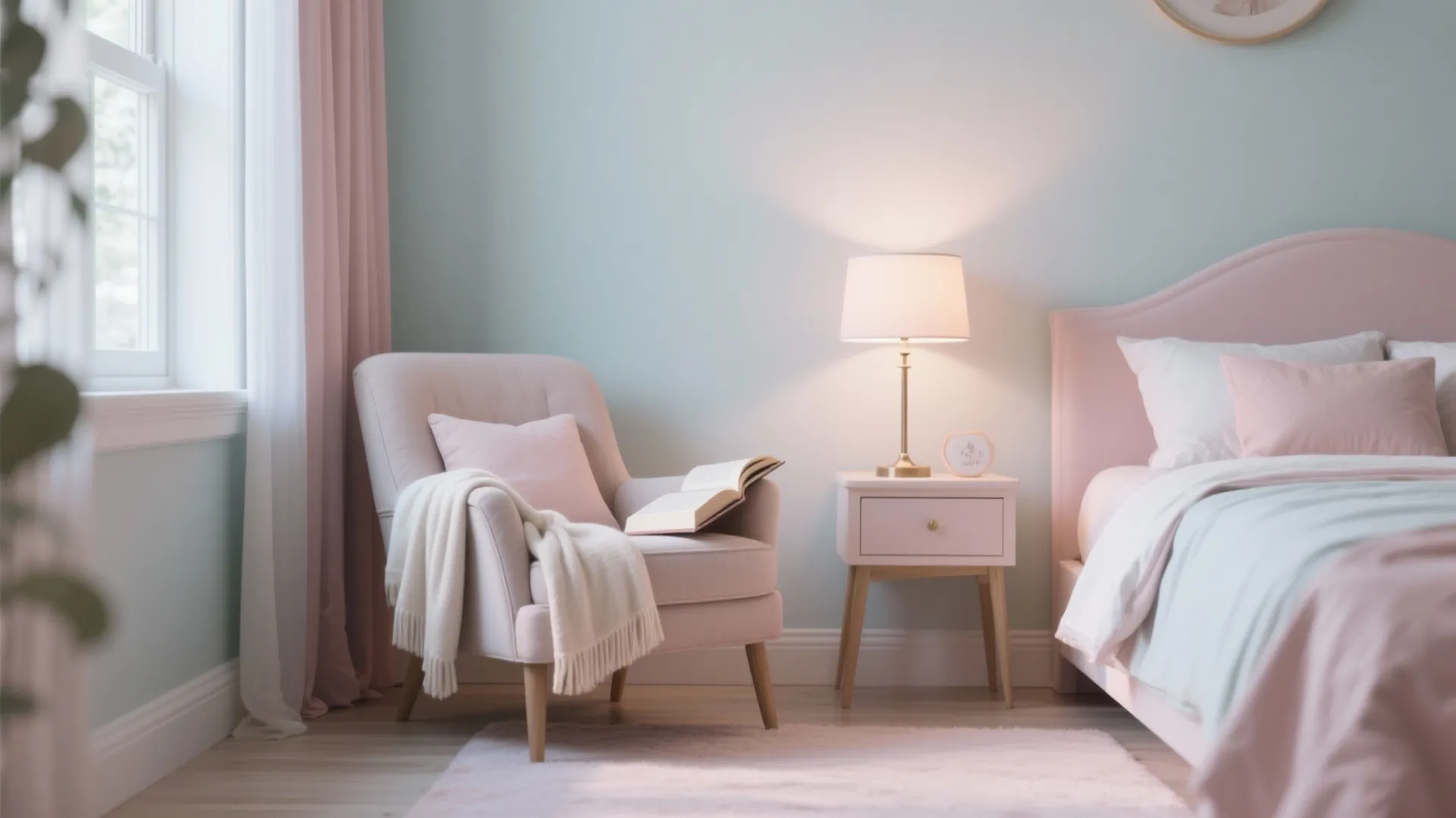 Cozy reading corner in bedroom with soft armchair white blanket book side table and lamp