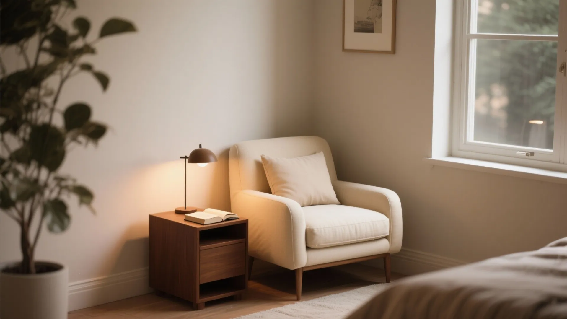 Cozy reading nook with a cream armchair and brown side table