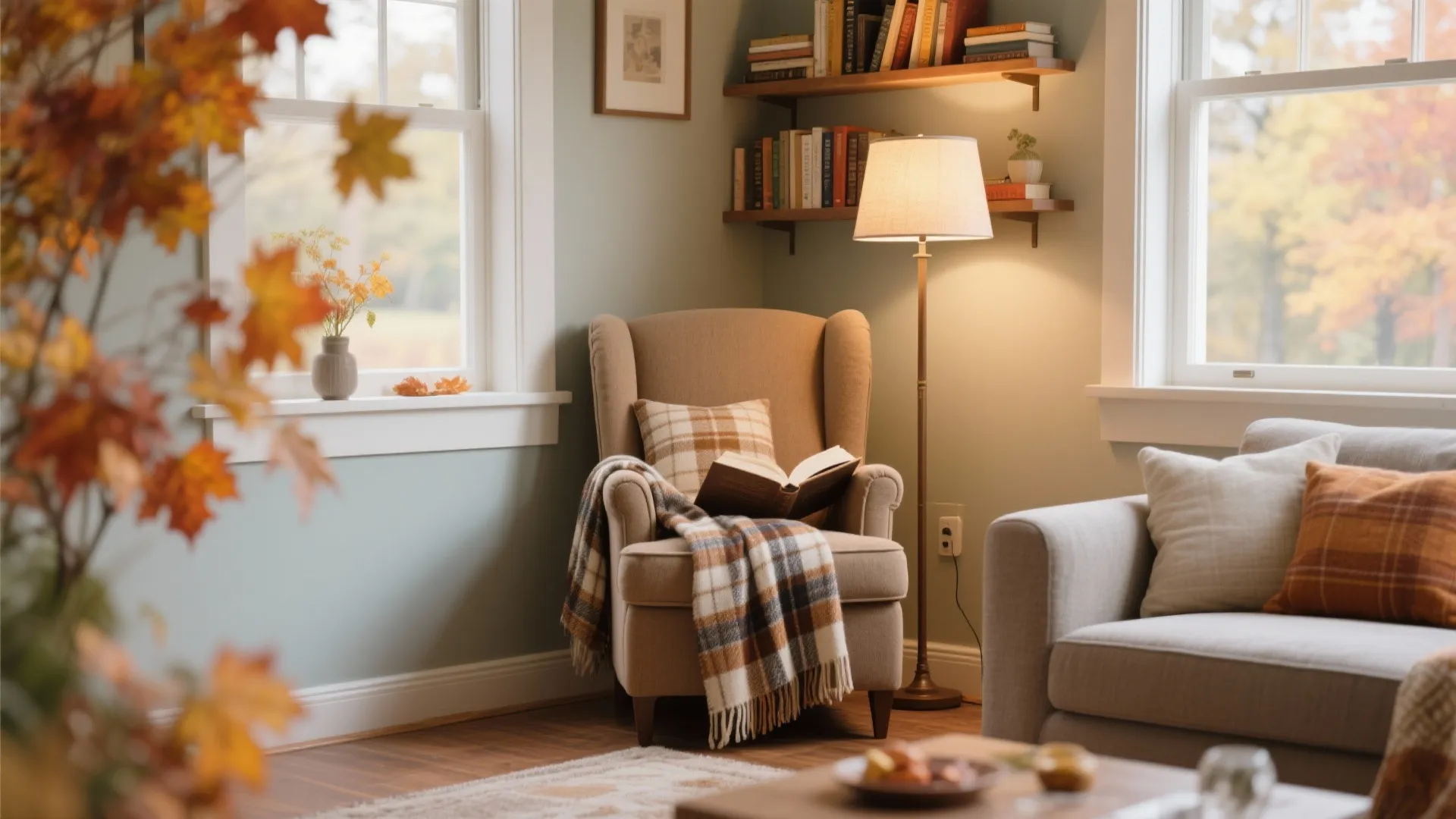 Autumn reading nook with chair and throw blanket