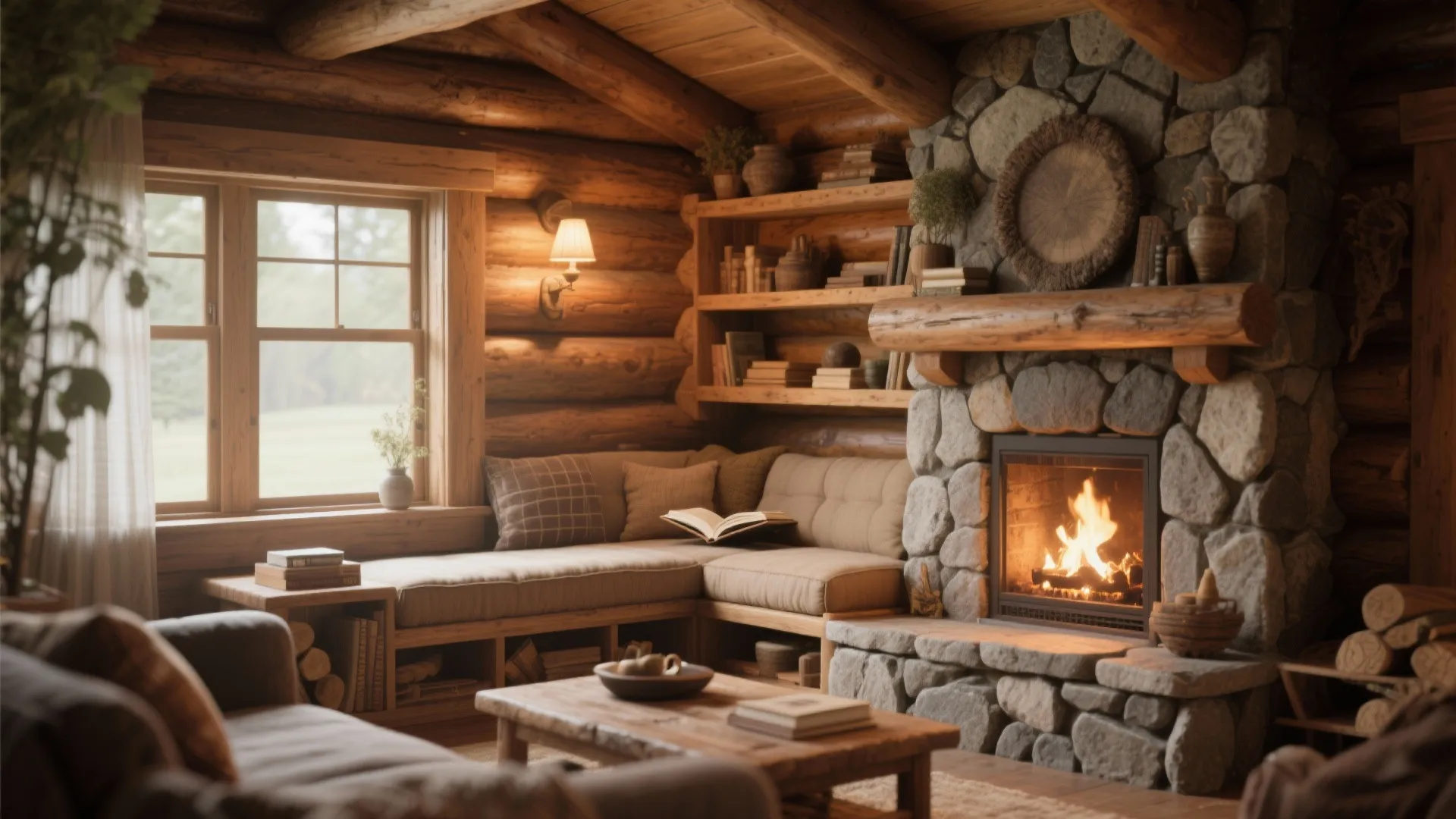 Cozy reading nook inside a log cabin with stone fireplace cushioned seating and open book