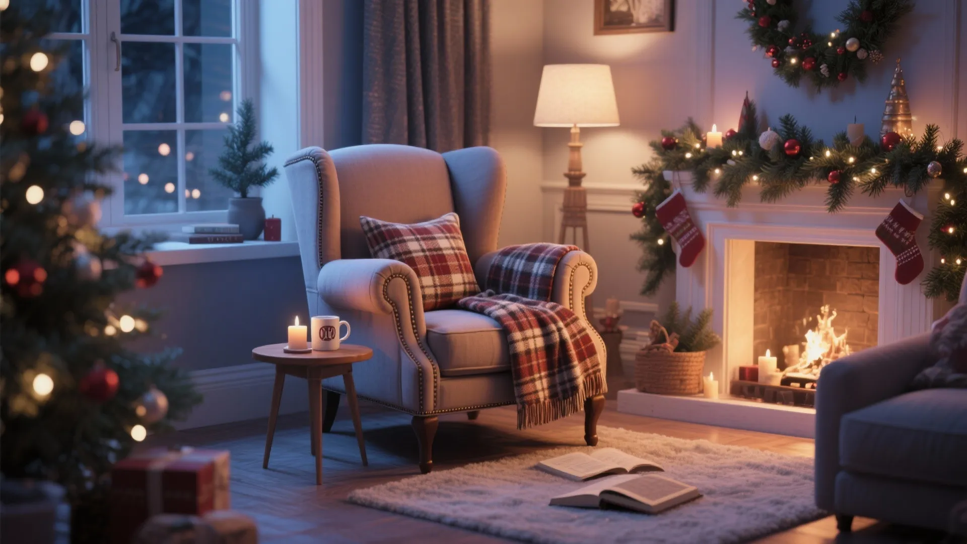 Christmas reading nook with wingback chair, plaid throw, and candle