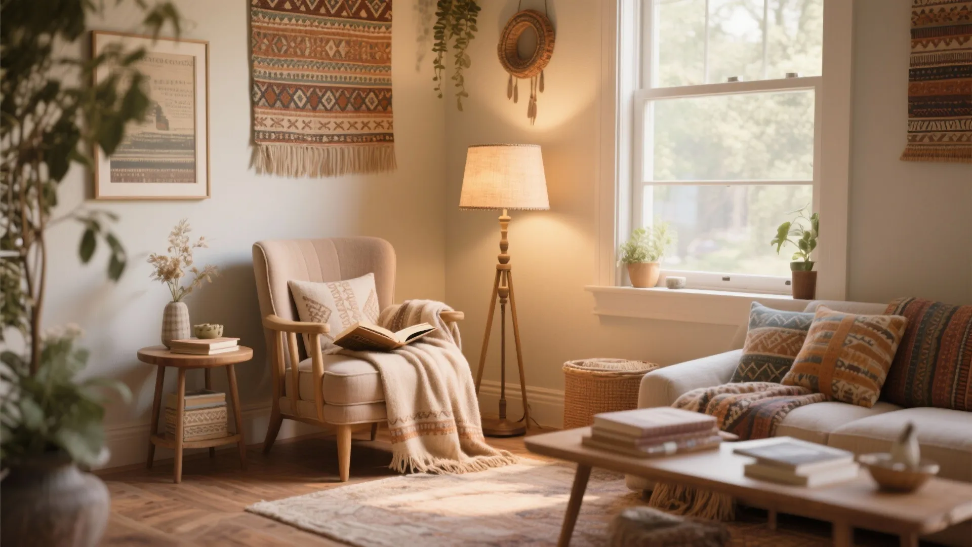 Comfortable reading nook in living room corner with lamp and chair