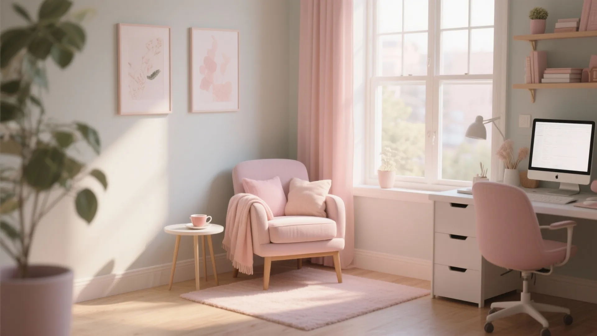Cozy home office with pink armchair white desk pink curtains wood floor and natural sunlight
