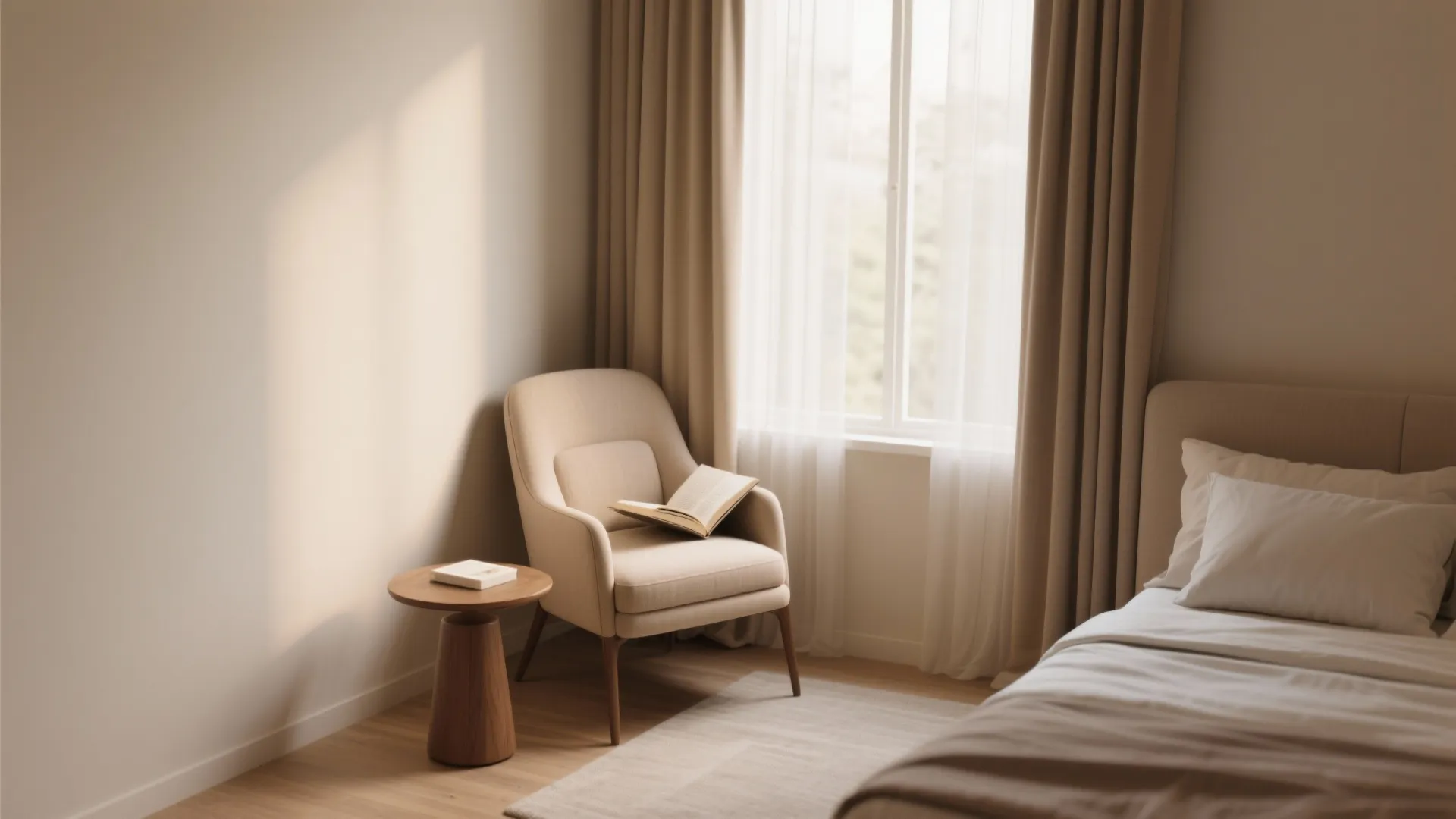 Cozy reading corner with a beige chair small wooden table and sunlight through white curtains