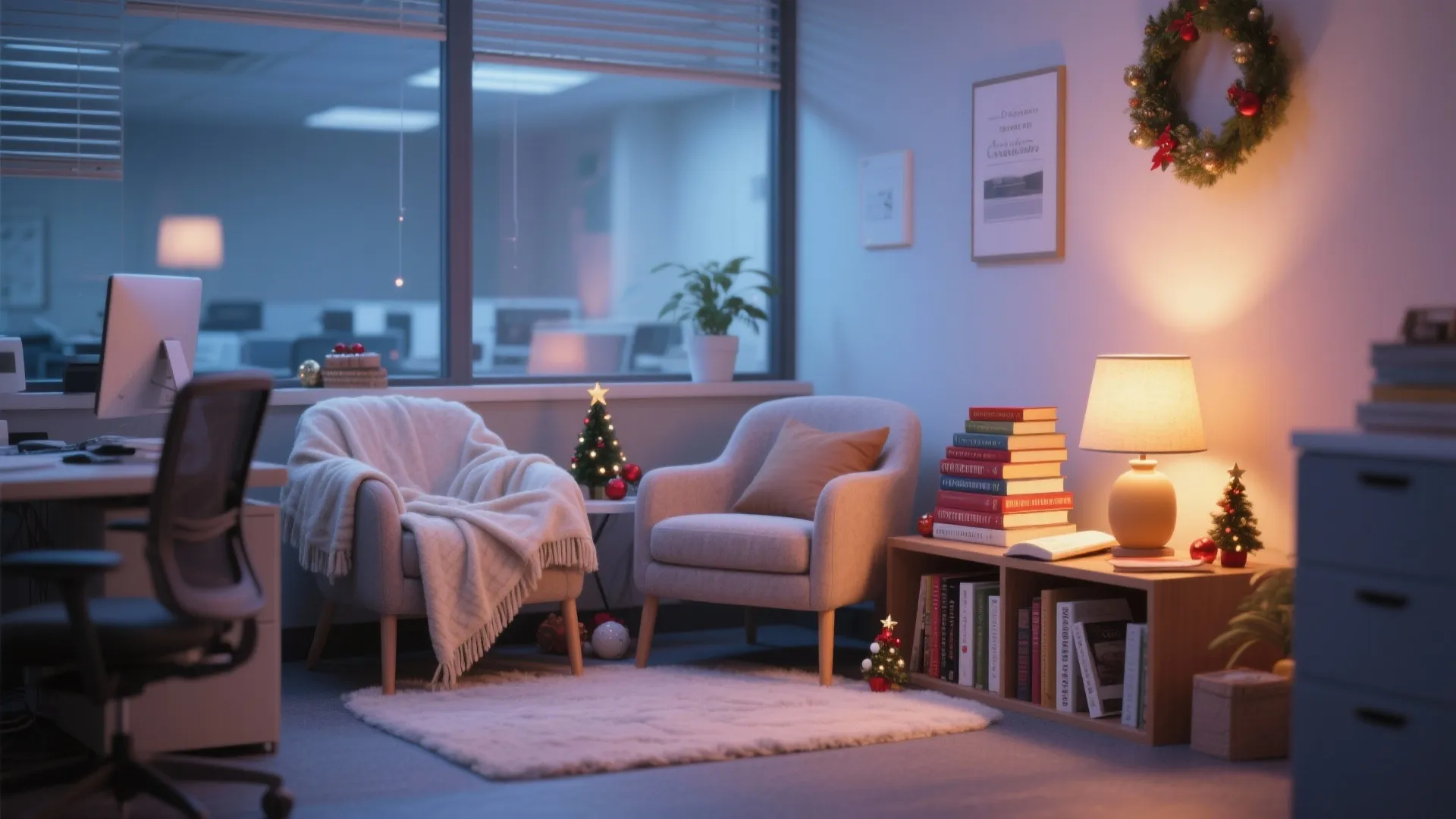 Cozy office nook with two grey armchairs, small Christmas trees, bookshelf, and warm table lamp