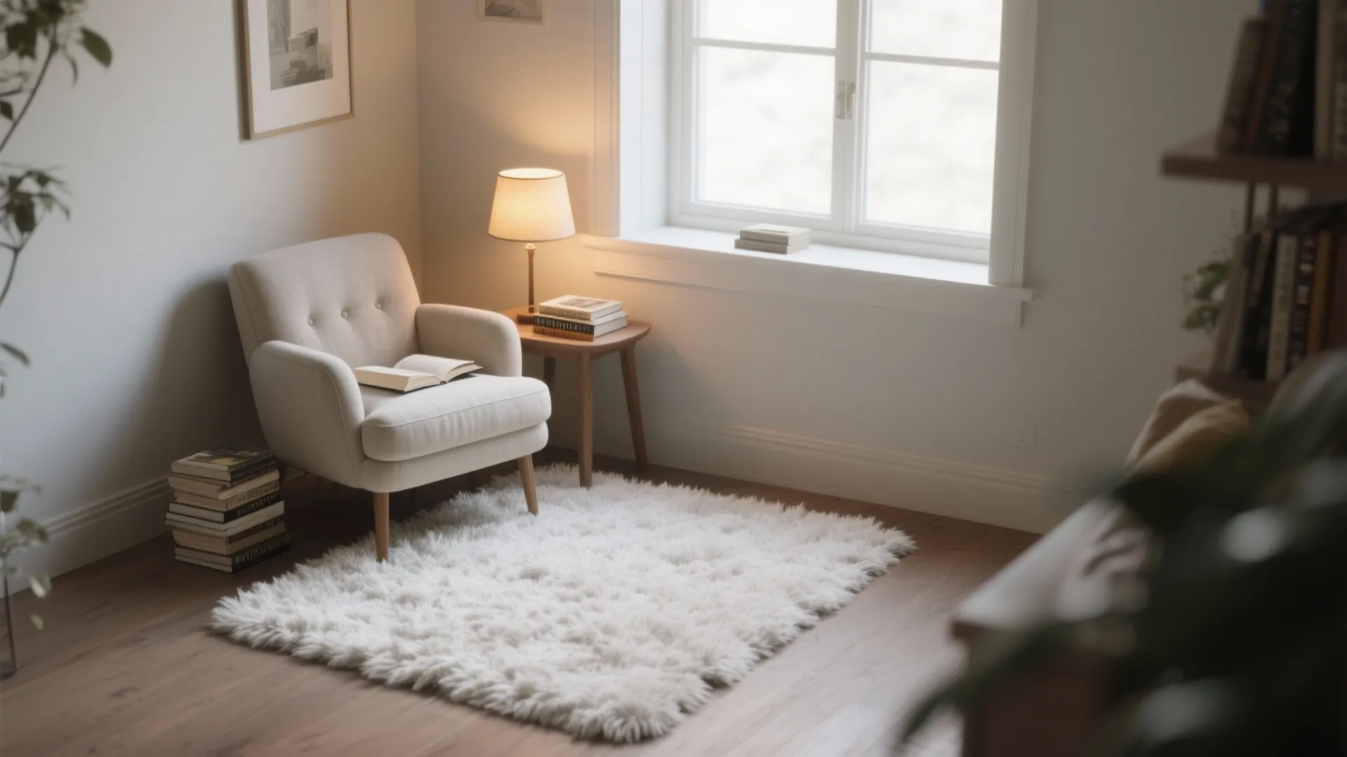 Cozy reading nook with shag rug and armchair