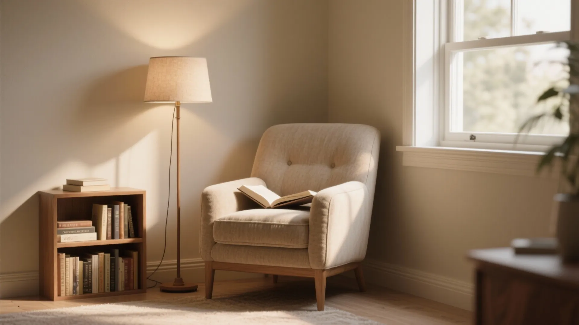 Cozy reading nook with beige sofa floor light bookshelf near window and book on seat cushions