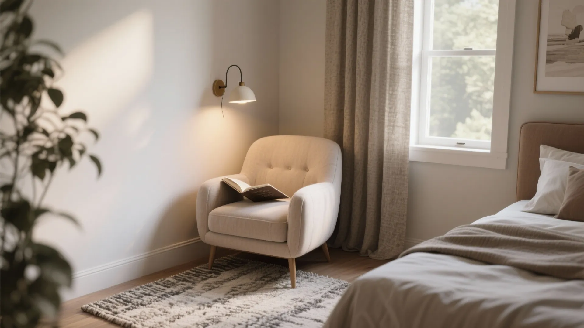 Cozy reading corner with beige armchair open book wall light grey rug and window curtain