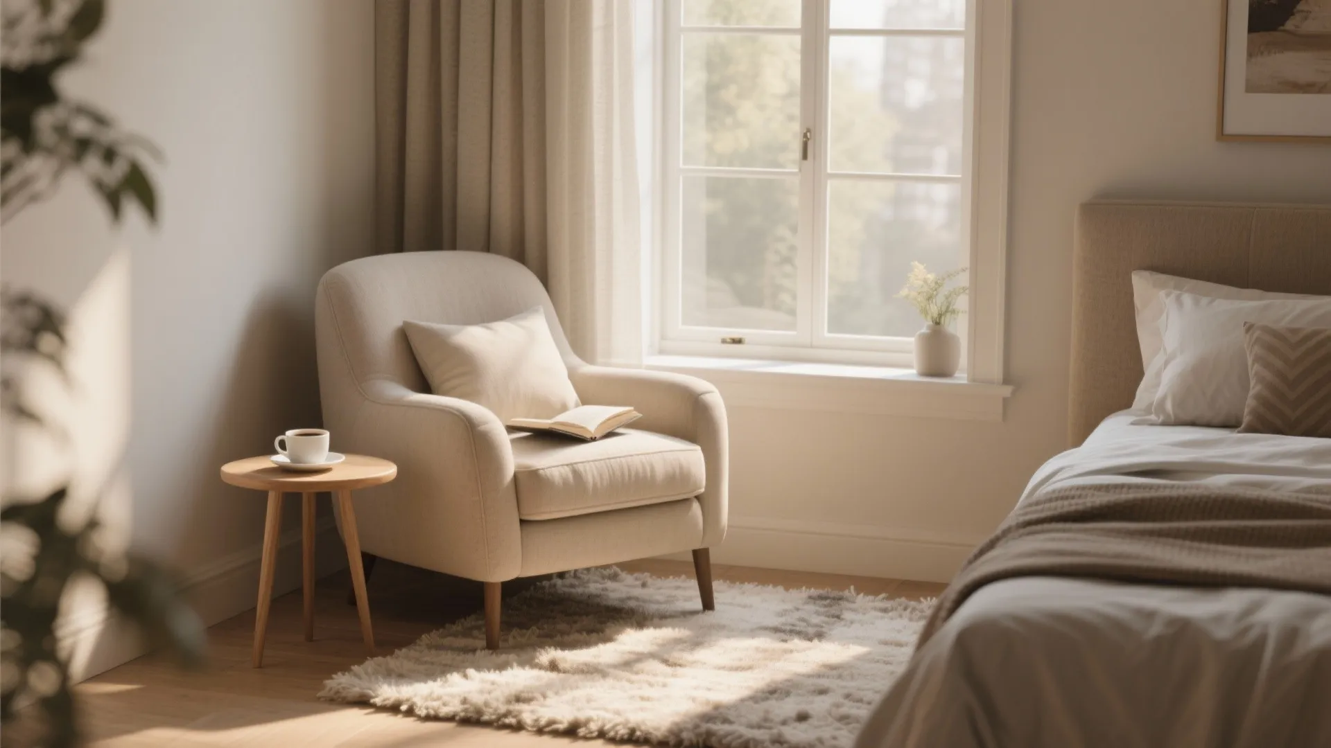 Bedroom reading nook with armchair and sunlight through large window