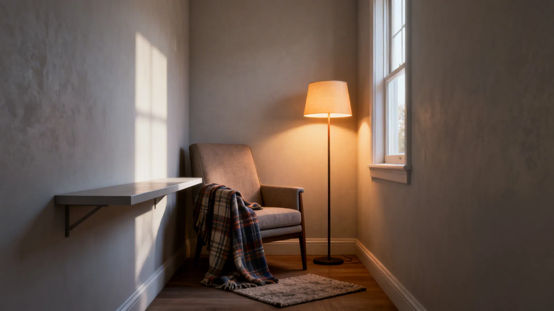 Small cozy reading nook with a narrow armchair, plaid throw, and a warm floor lamp.