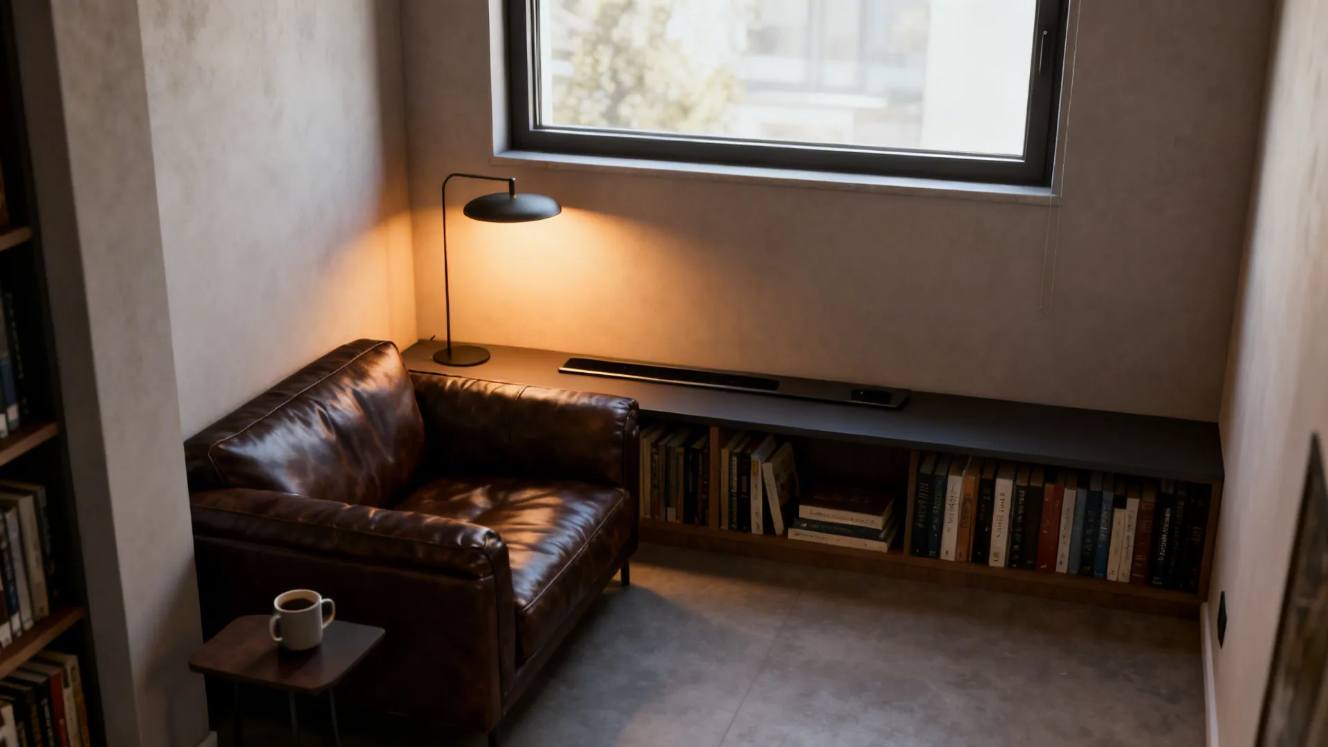 Small reading nook with a dark brown leather sofa, console behind and a low bookshelf