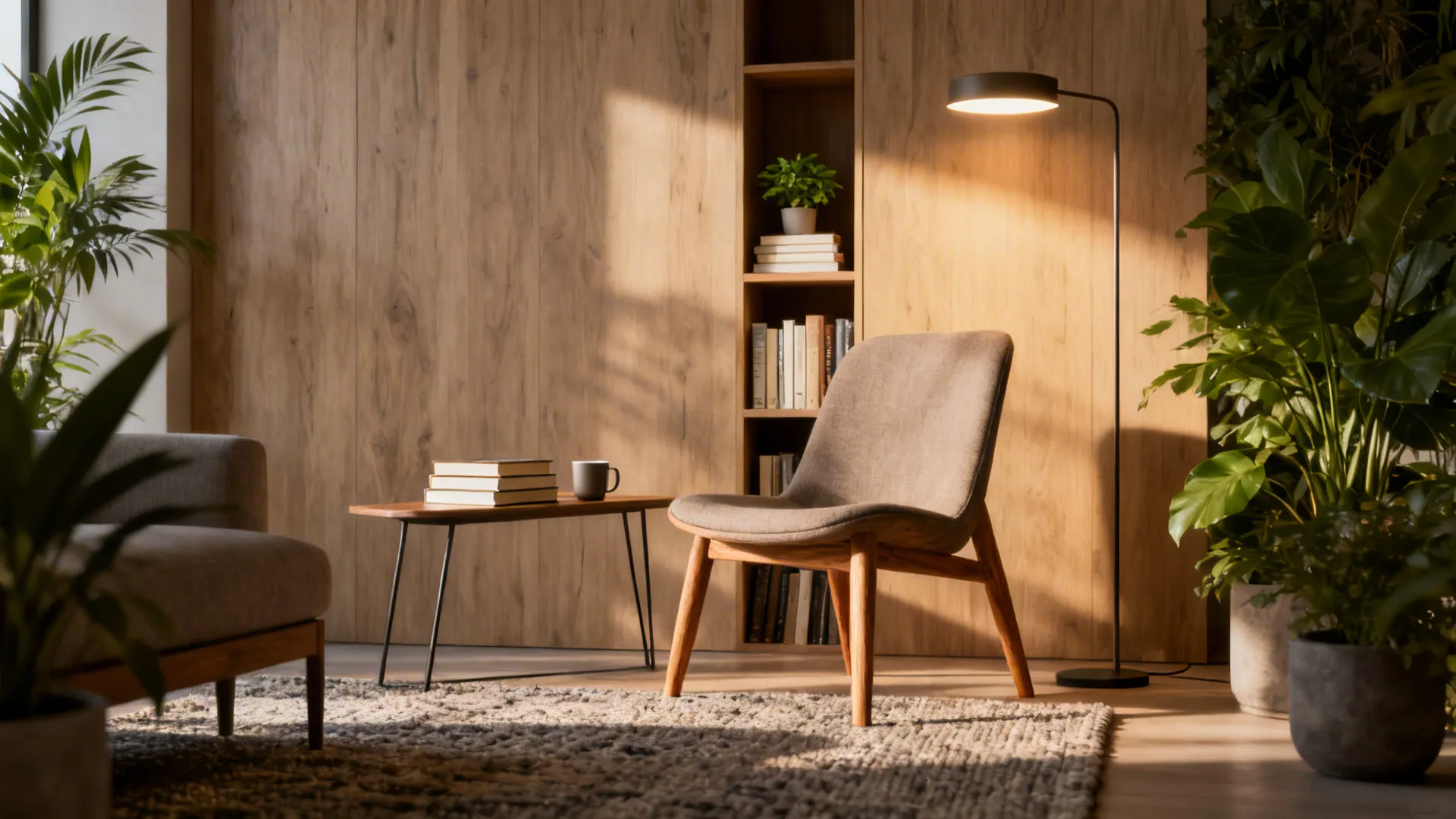 Cozy reading corner with grey chair, floor lamp, wooden wall shelf, and green indoor plants