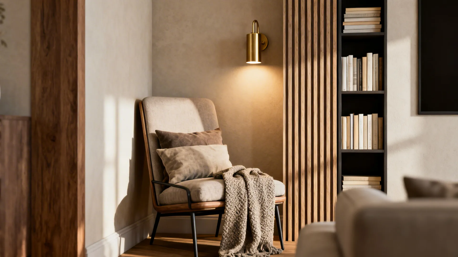 Cozy reading nook with grey armchair, throw blanket, gold wall light, and tall black bookshelf