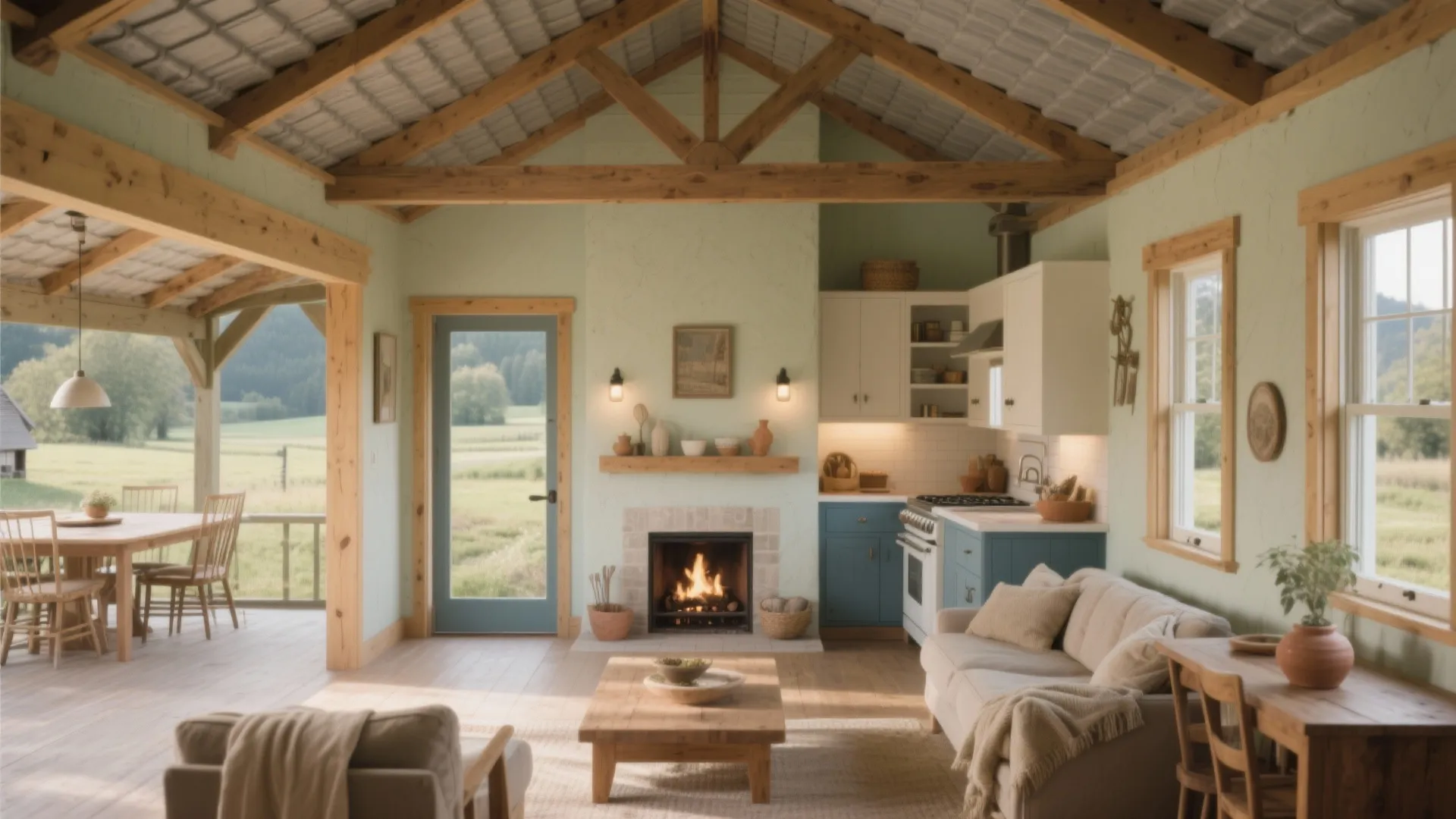 Cozy rustic living room featuring wooden beams, a fireplace, small kitchen, sofa, and outdoor porch
