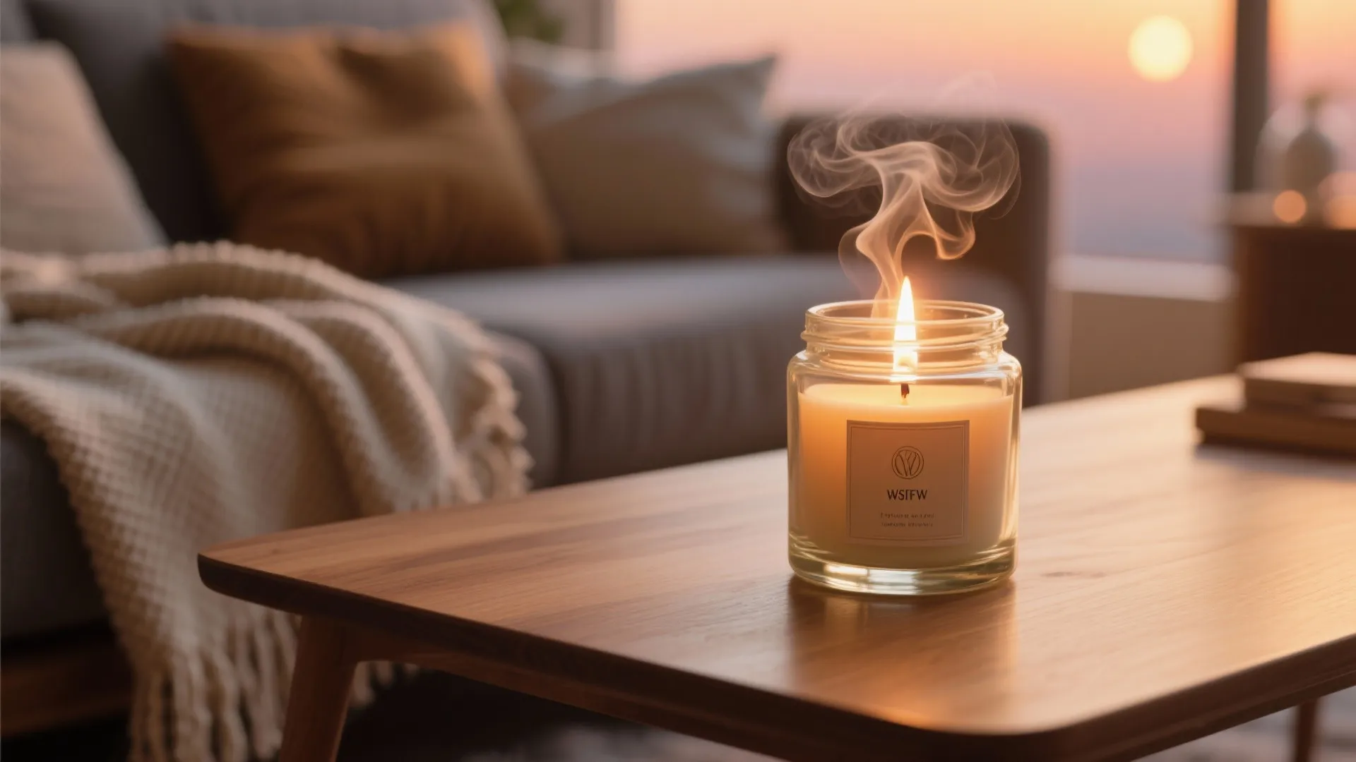 Burning scented candle in a glass jar on a wooden table with a soft sofa