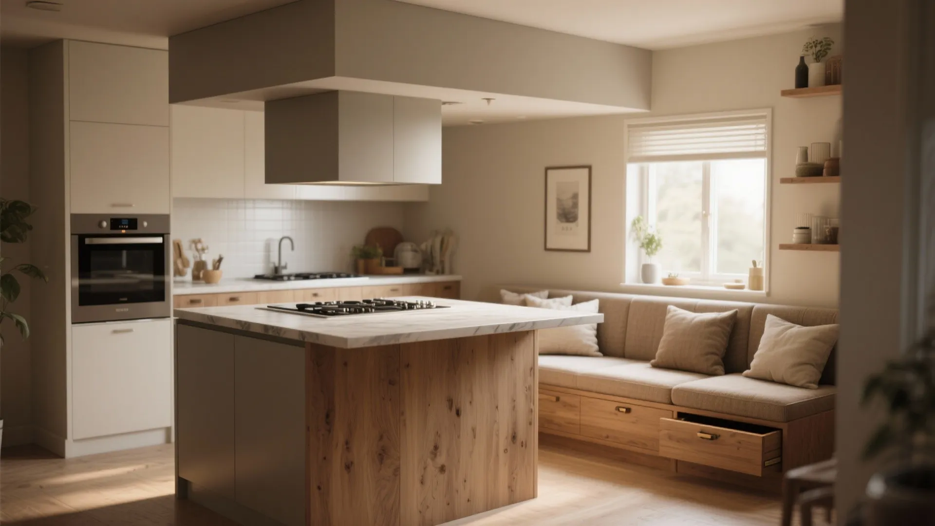Modern kitchen with wood island marble countertop white cabinets and built in sofa seating area
