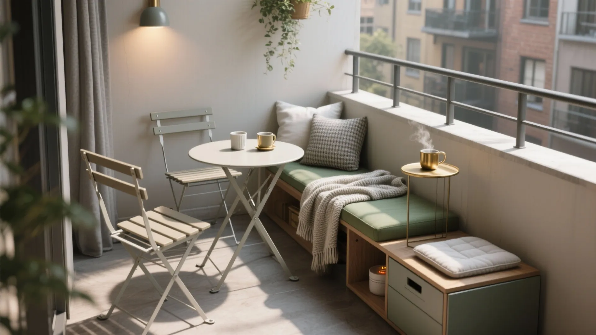 Small balcony with folding metal table and chairs green bench seating and a warm blanket