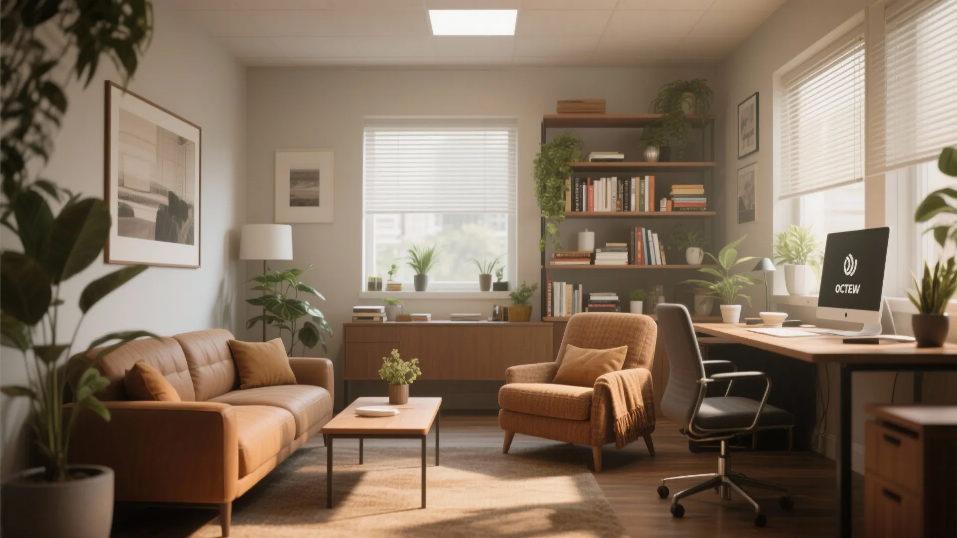 Cozy home office with brown sofa coffee table armchair bookshelf wooden desk computer and windows