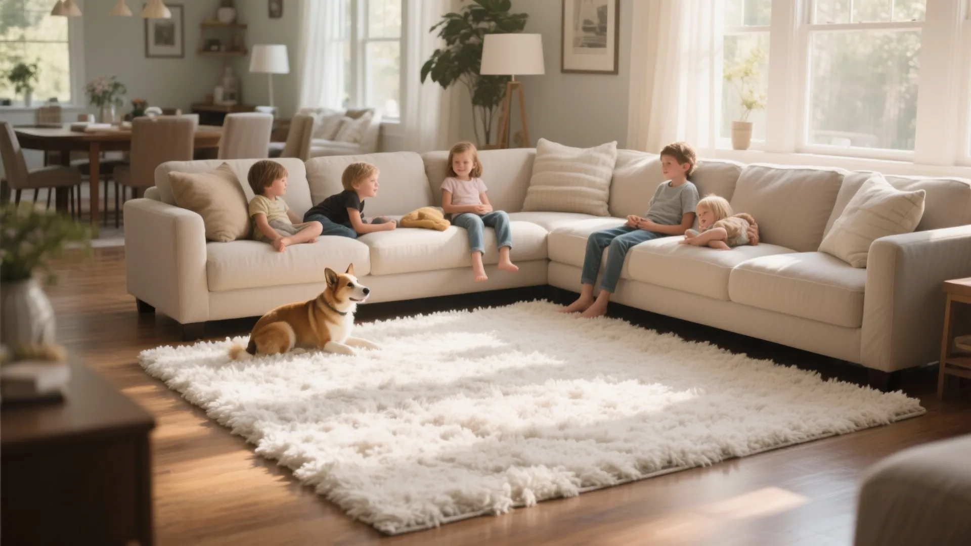 Warm living room with plush white shag rug and cozy seating