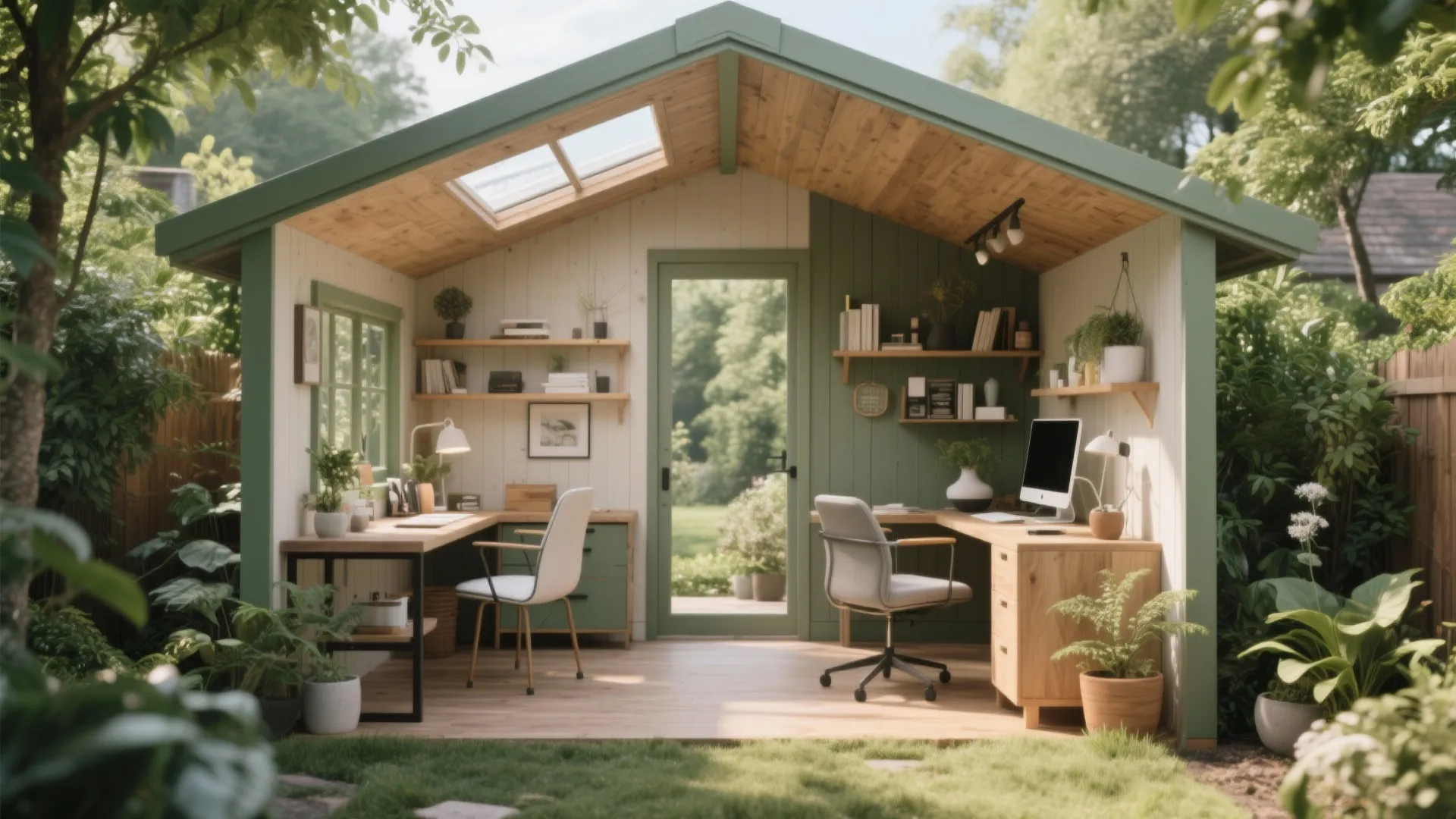 Modern backyard garden office with two wooden desks, white chairs, shelving, and large glass door